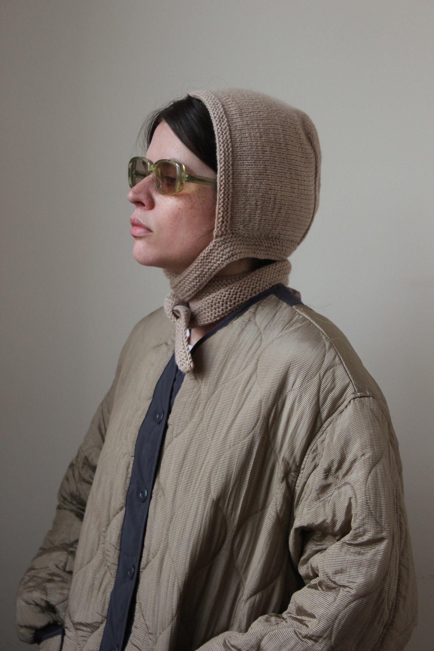 Hand-knitted Adult Bow Long Tie Bonnet hat in Beige