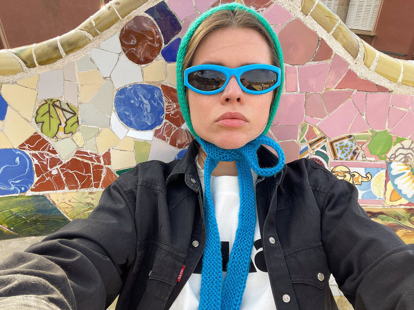 Hand - Knitted Multi Blue Chunky Bow Tie Bonnet Hat