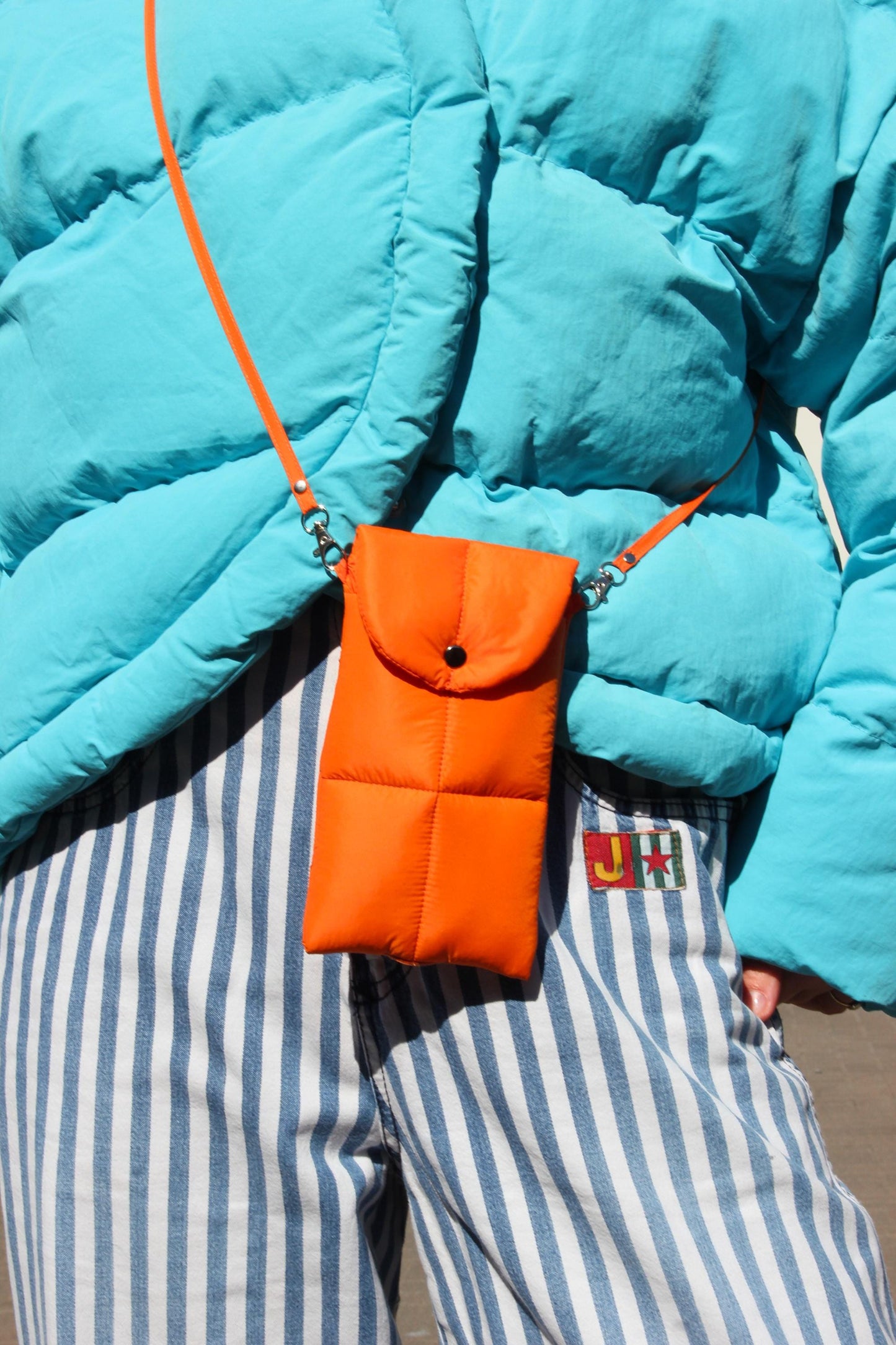 Pillow Puffer Phone pouch in Orange, Puffy Crossbody Phone Bag,Waterproof Padded Case with Strap,Hands-Free Pouch,Travel Gift for Her