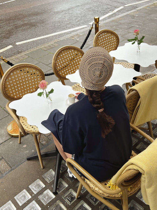 Adult Cotton Mesh Crochet Bow Tie Bonnet in Beige