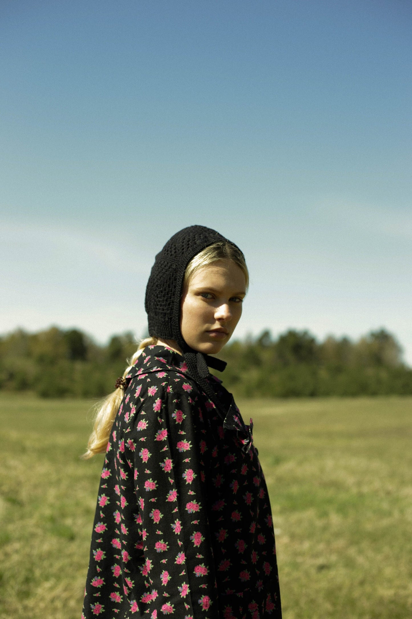 Patchwork Granny Square Adult Crochet Bow Tie Bonnet in Black