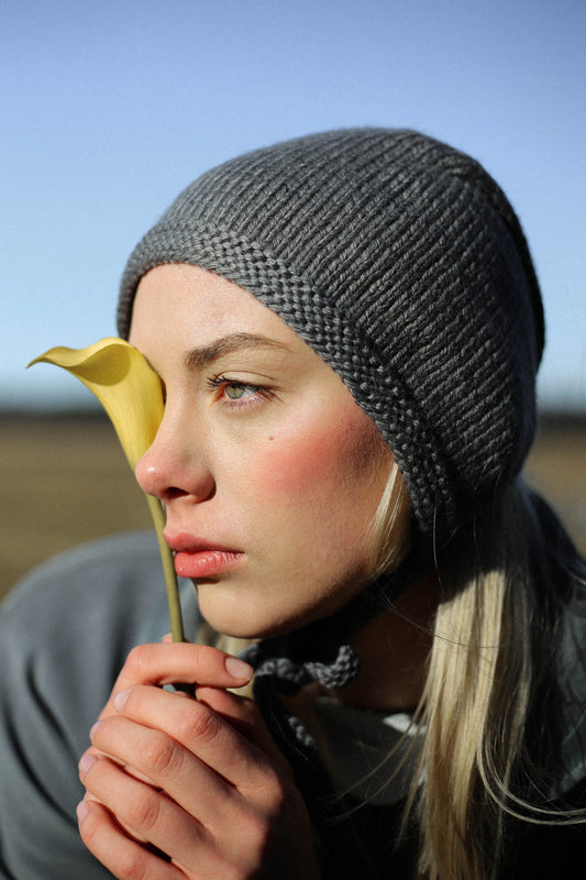 Hand-knitted Adult Bow Tie Bonnet hat in Gray