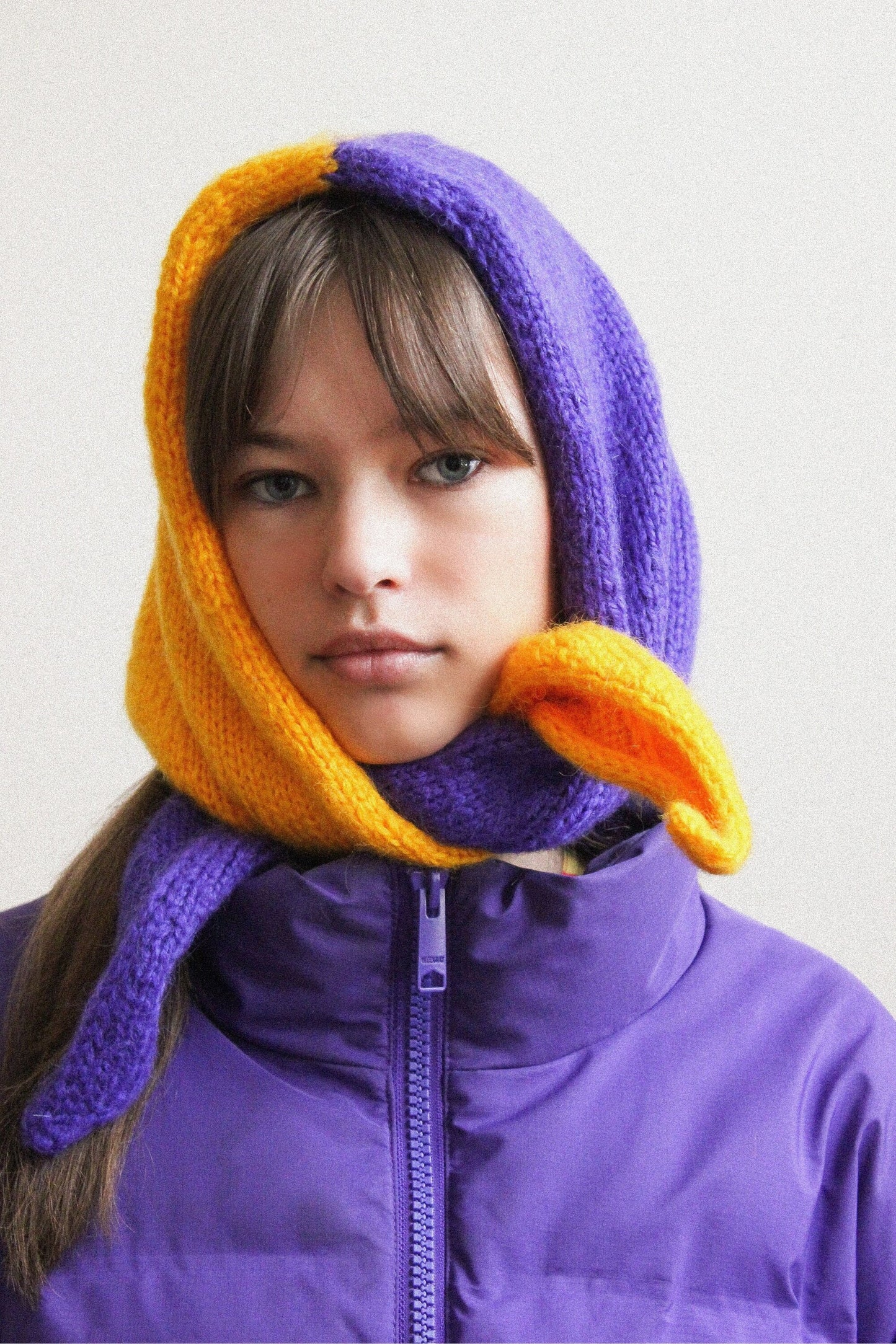 Hand - knitted Bicolour Mohair Headscarf in Rich Yellow & Purple
