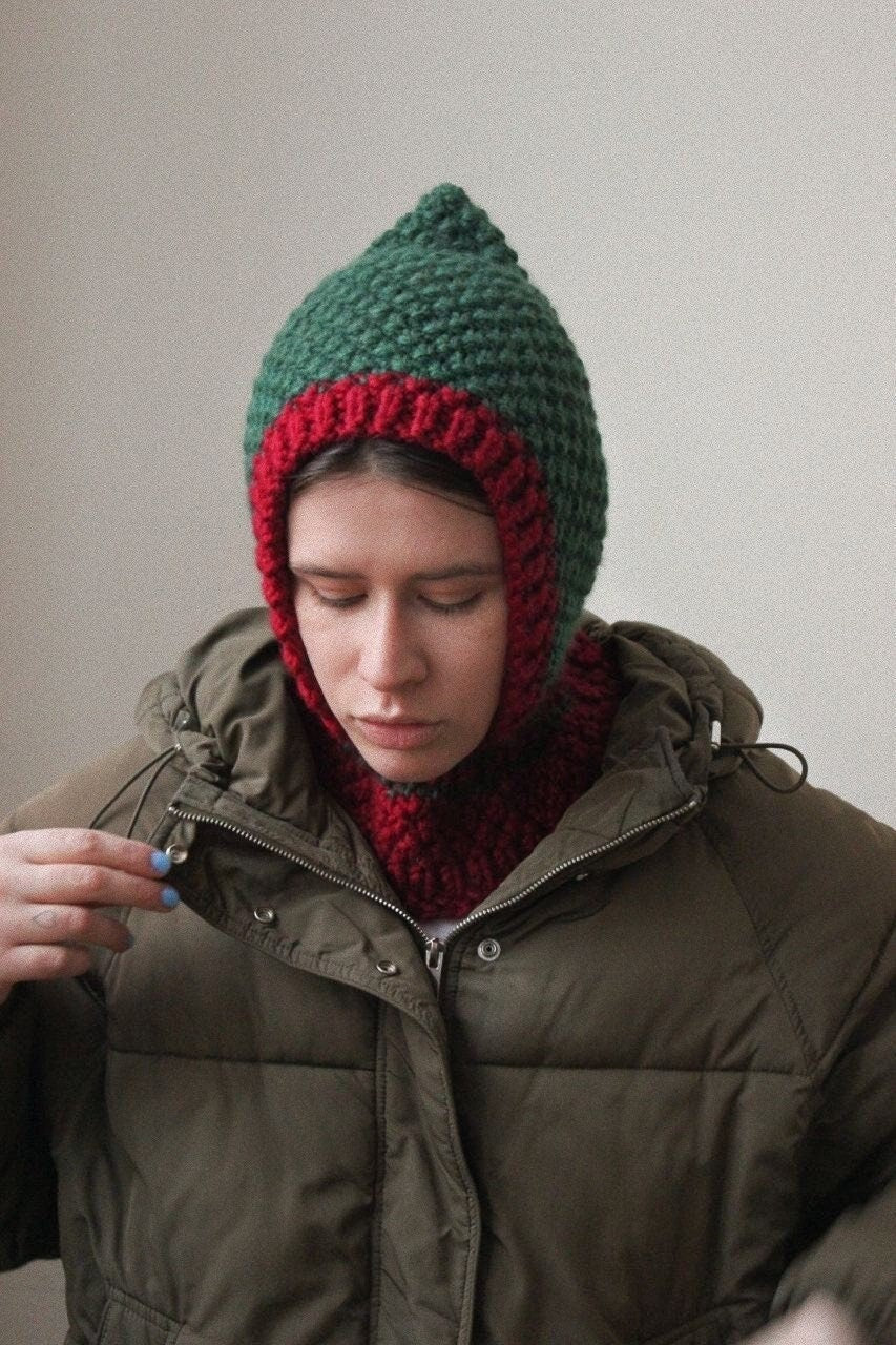 Balaclava Woolen Chunky hat in green and maroon red; mango socky balaclava knit beanie,knit helmet,knit hat,crochet balaclava, knitted hood