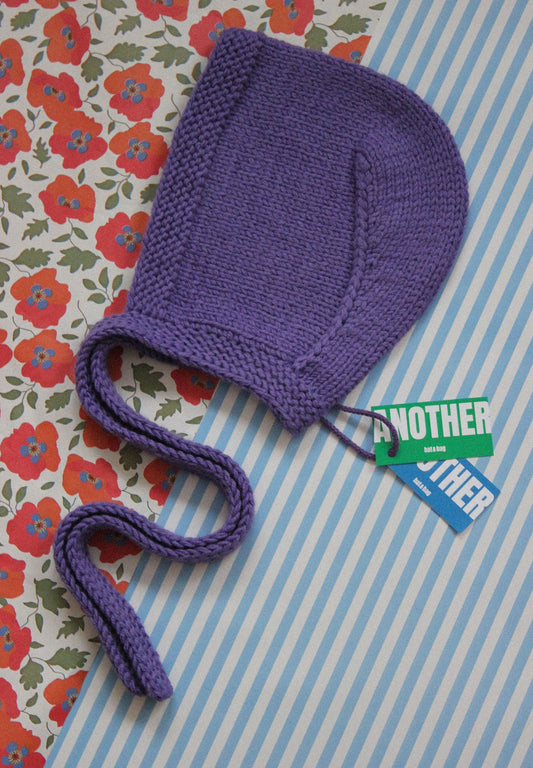 Hand-knitted Adult Bow Tie Bonnet hat in Purple