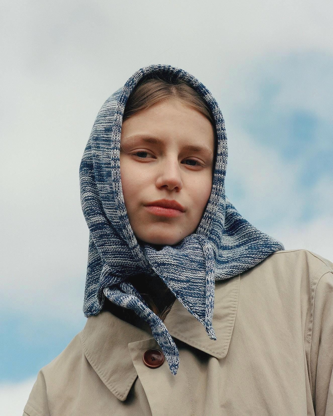Hand - knitted Melange Headscarf in Navy & Baby blue