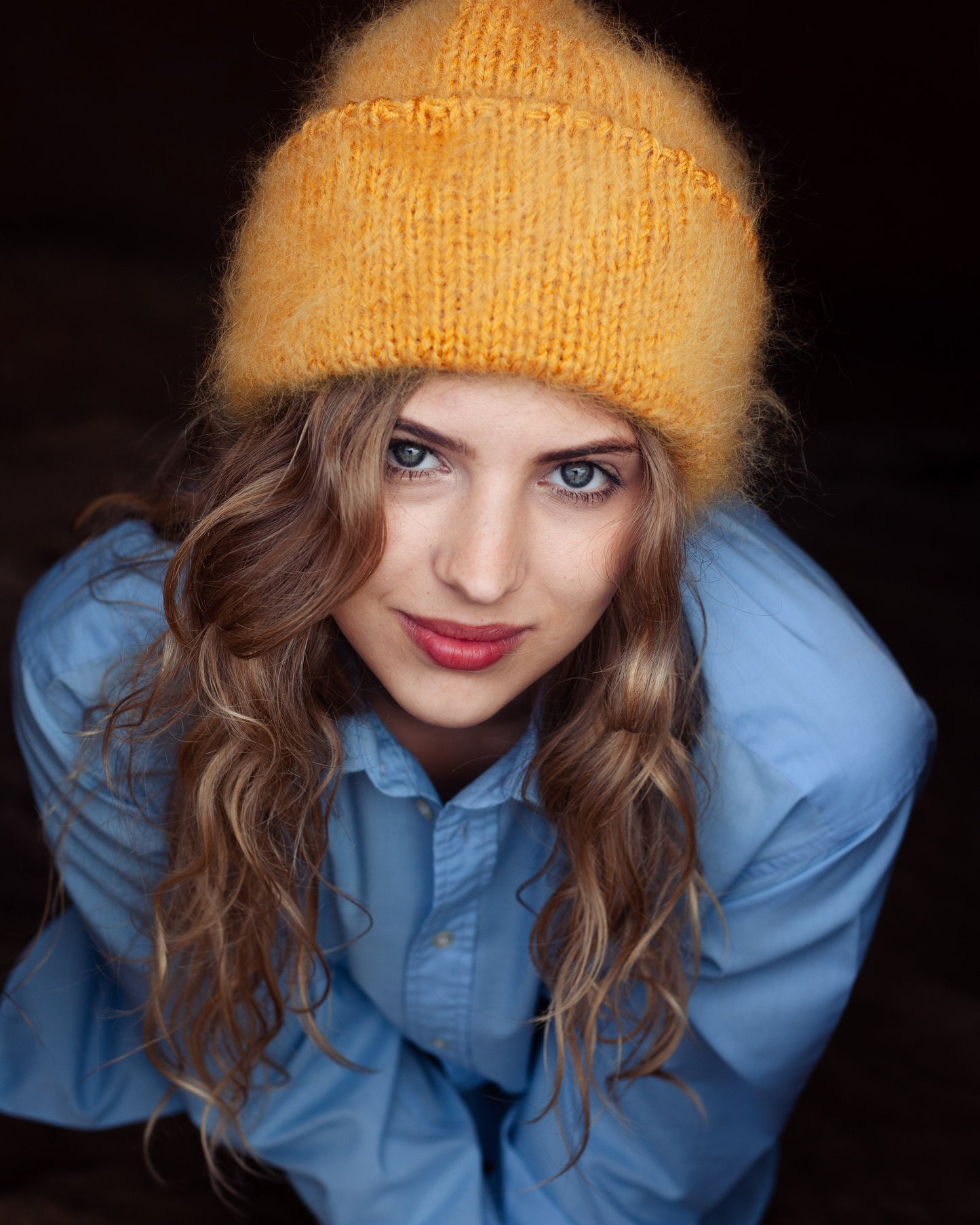 Hand - Knitted Mohair Beanie Hat in Mustard yellow