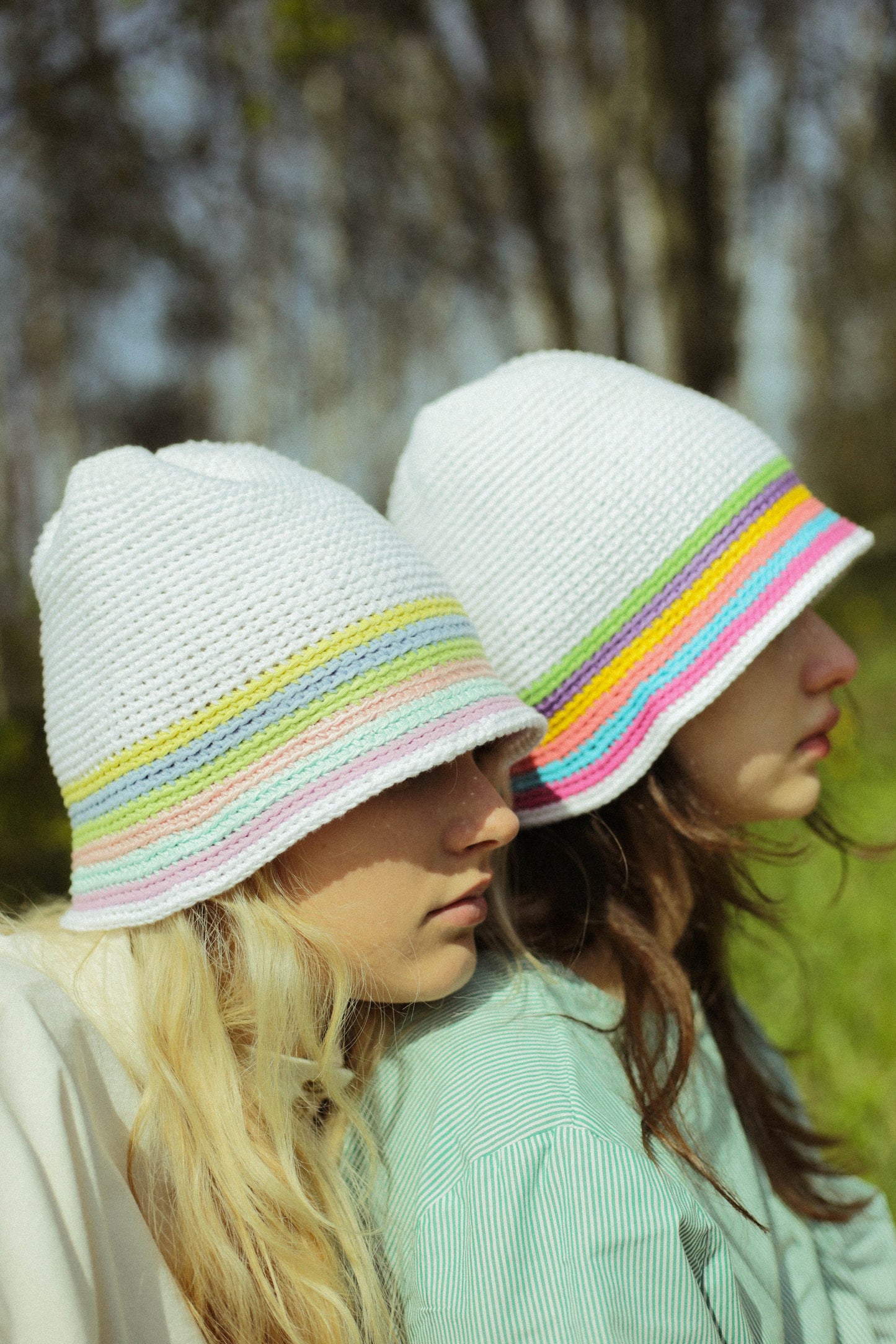 Hand-knitted crochet light multi colored bucket hat