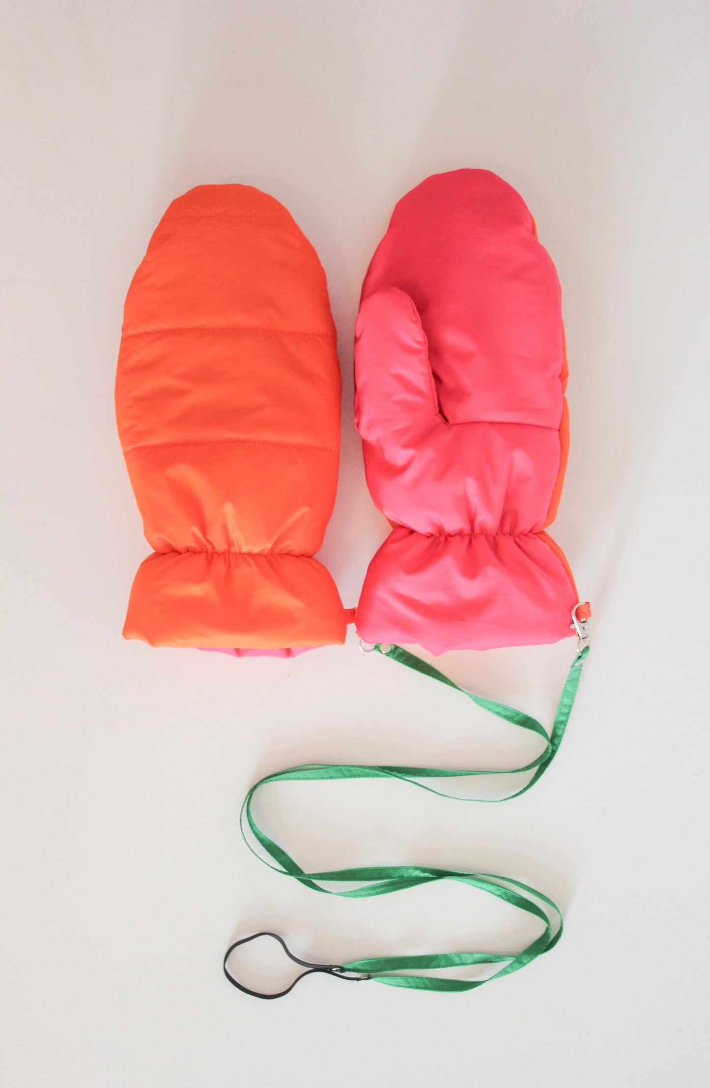 Bicolor Pillow Puffer Mittens on Strings in Orange & Hot Pink