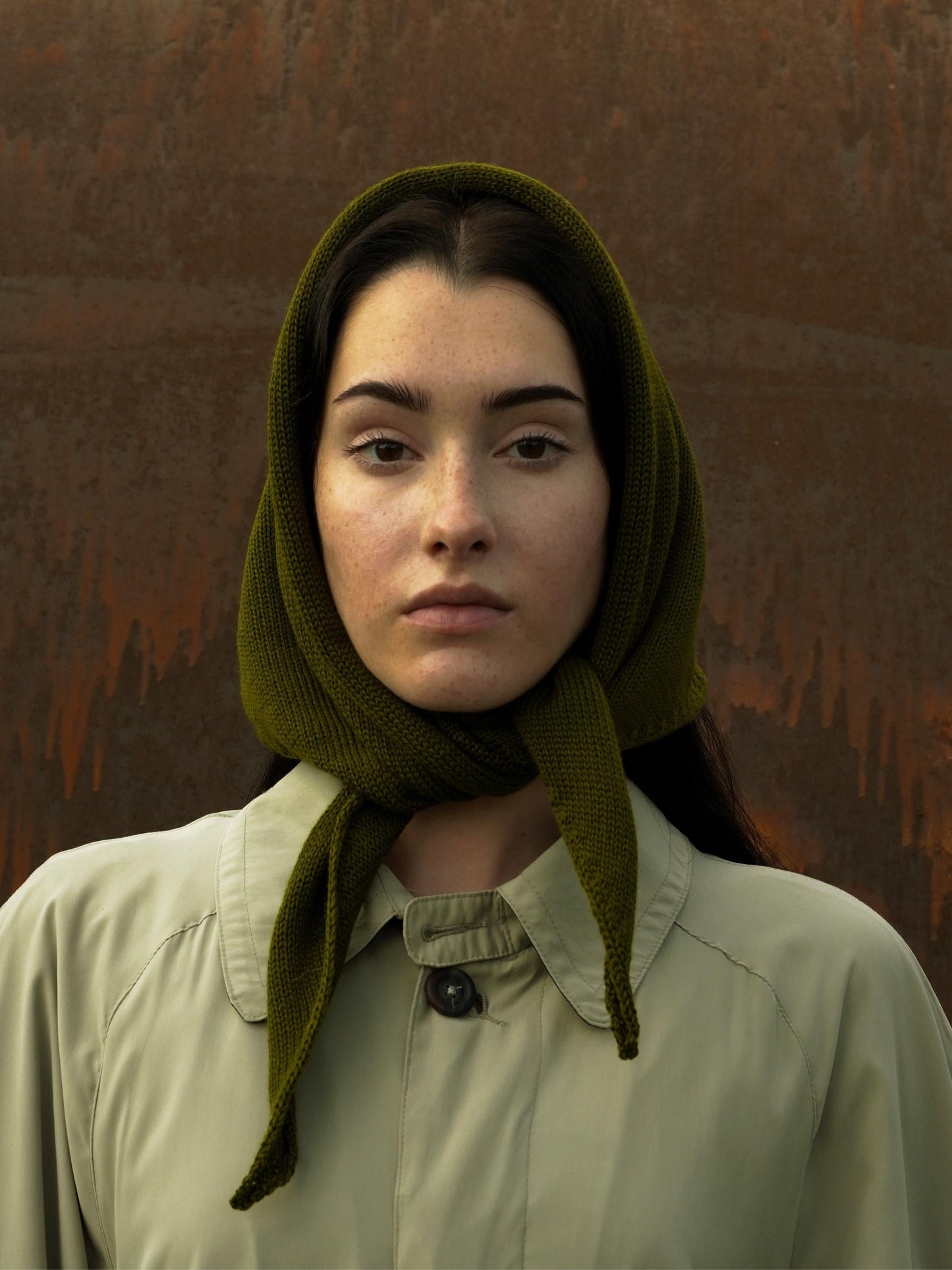 Hand - knitted Headscarf in Khaki Green