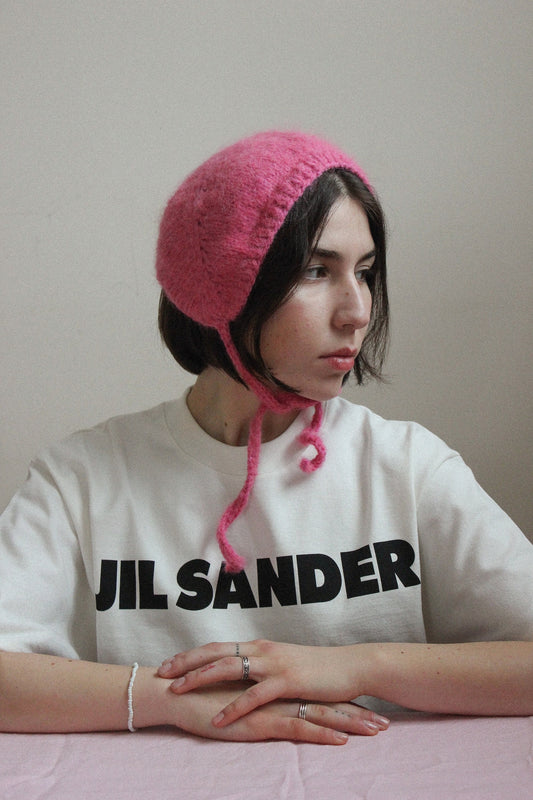Hand - knitted Adult Bow Tie Mohair Bonnet in Pink