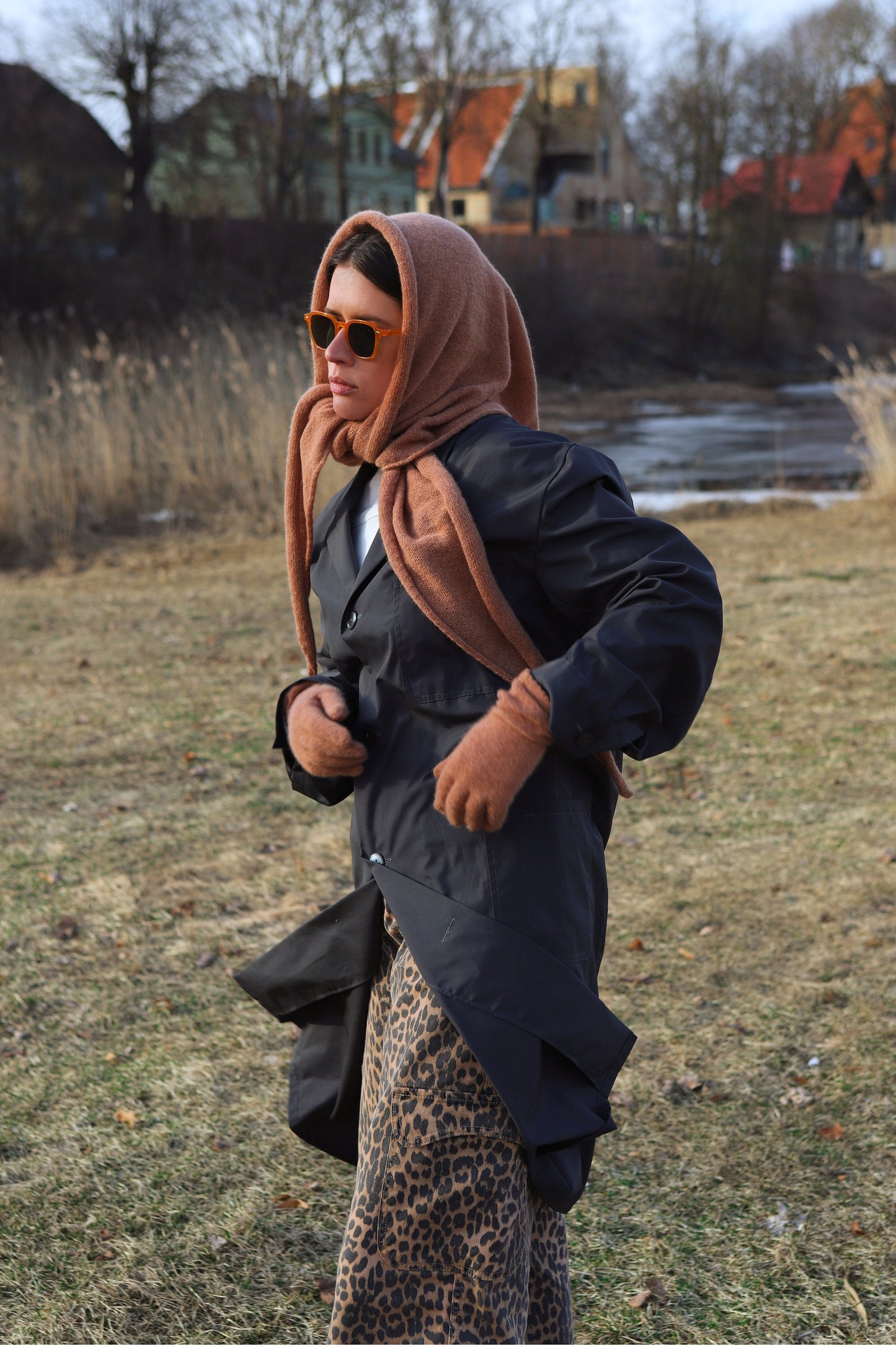 Hand - knitted Oversized Mohair Headscarf in Soft Caramel
