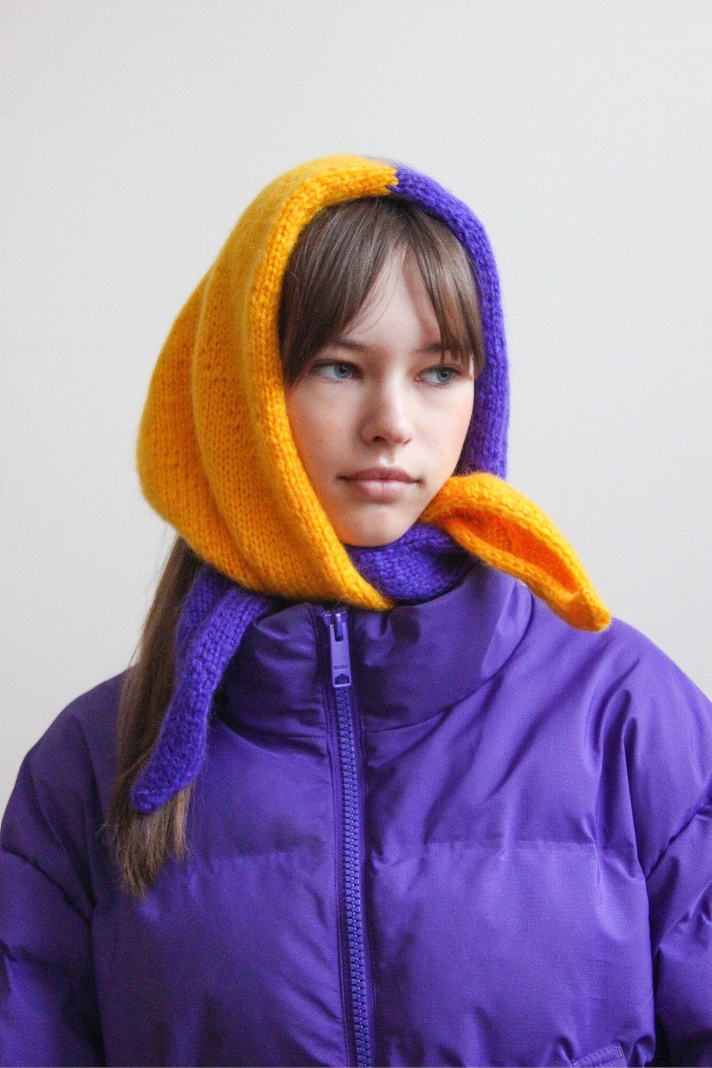 Hand - knitted Bicolour Mohair Headscarf in Rich Yellow & Purple
