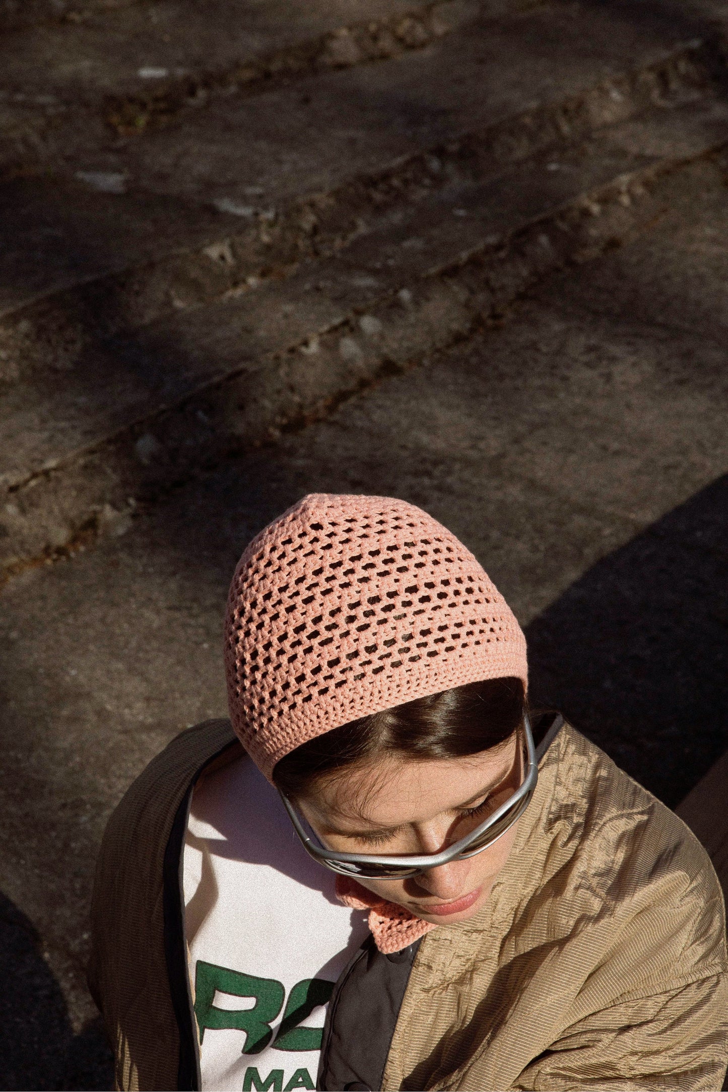 Adult Cotton Mesh Crochet Bow Tie Bonnet in Peach Fuzz