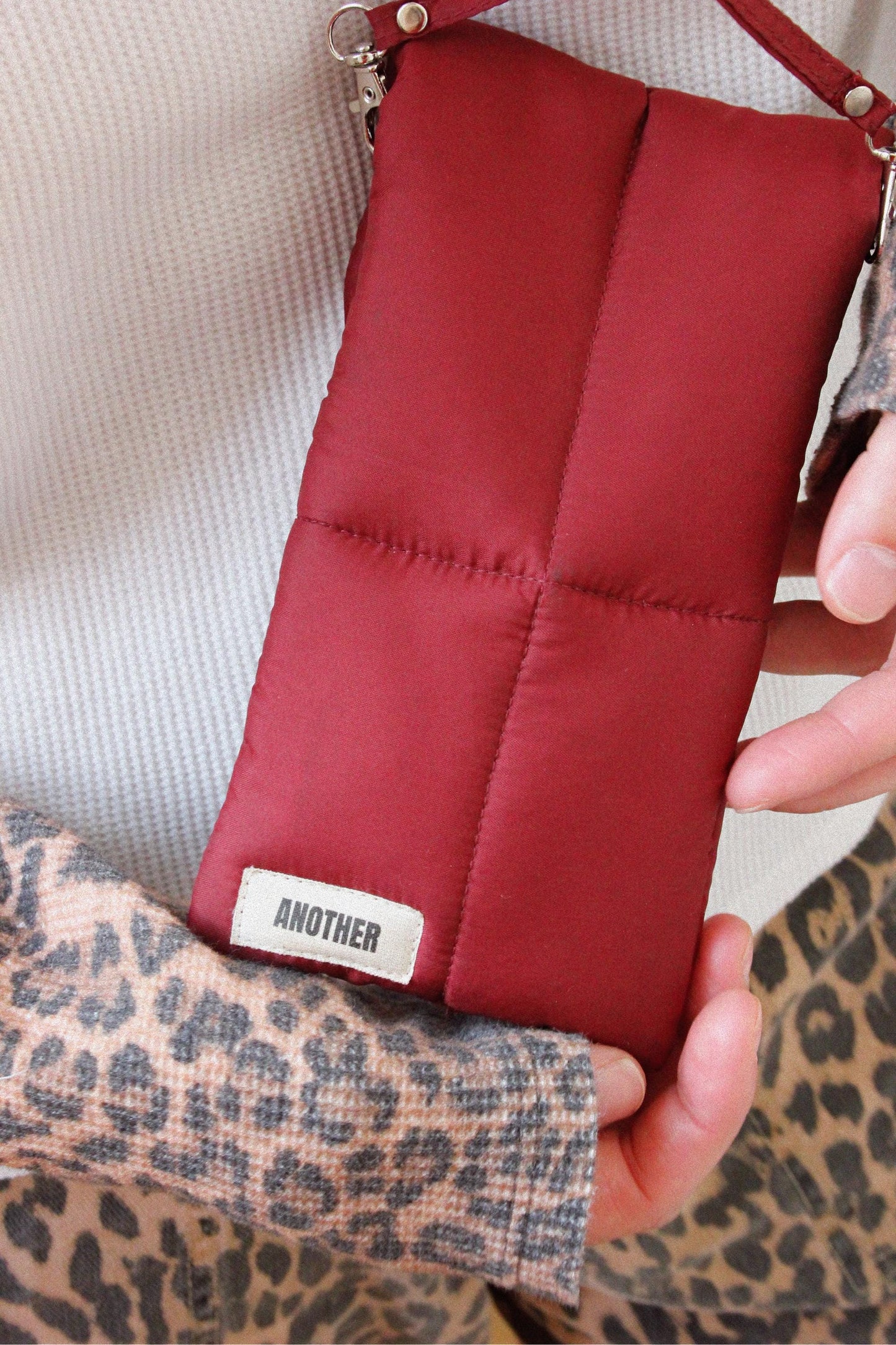 Pillow Puffer Phone pouch in Burgundy, Puffy Crossbody Phone Bag,Waterproof Padded Case with Strap,Hands-Free Pouch,Travel Gift for Her