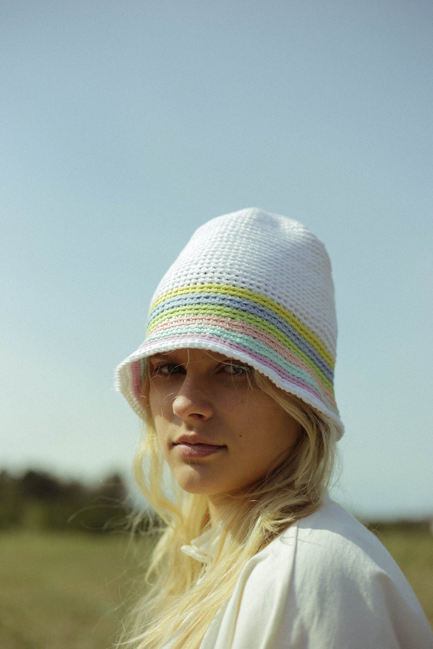 Hand-knitted crochet light multi colored bucket hat