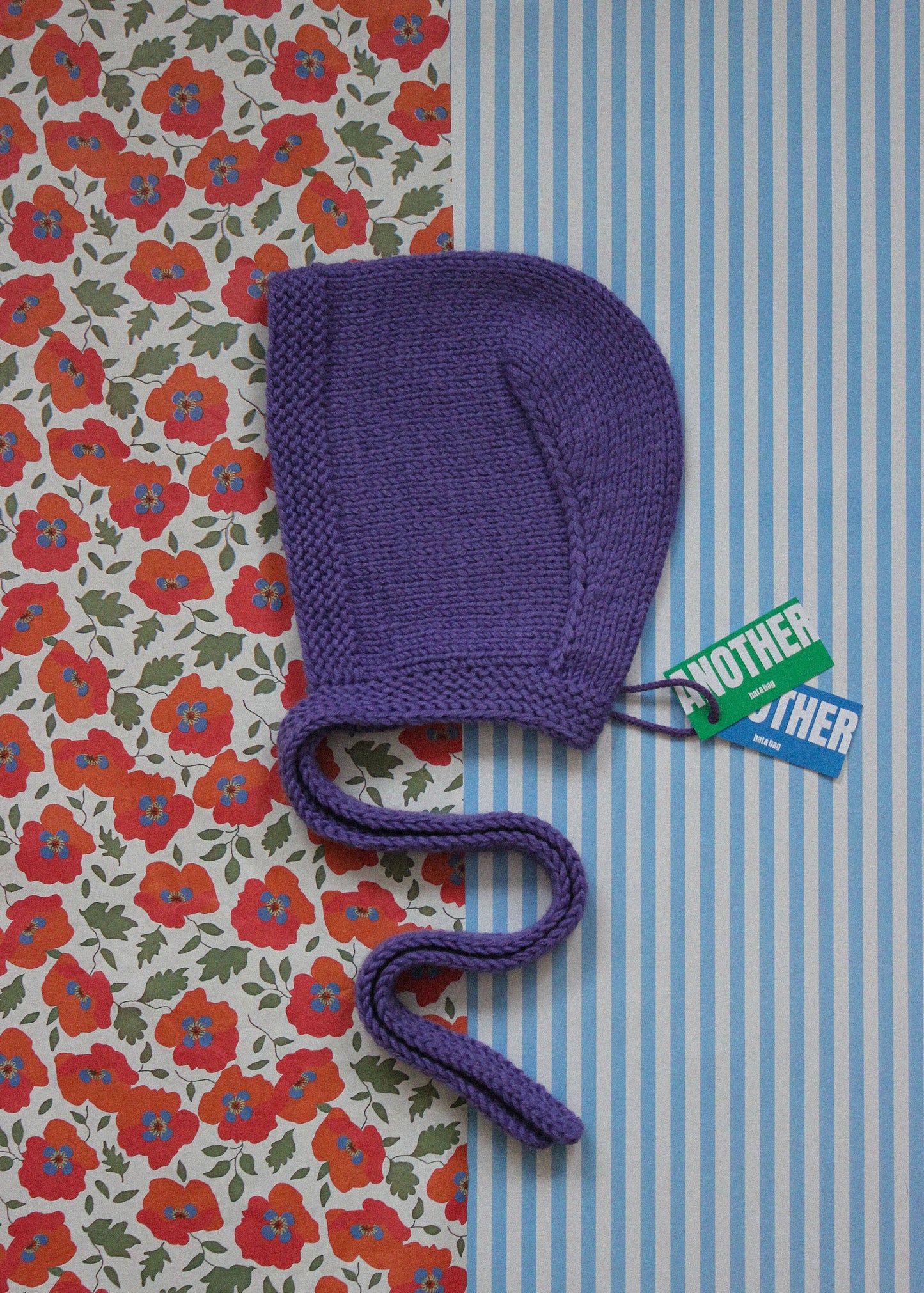 Hand-knitted Adult Bow Tie Bonnet hat in Purple