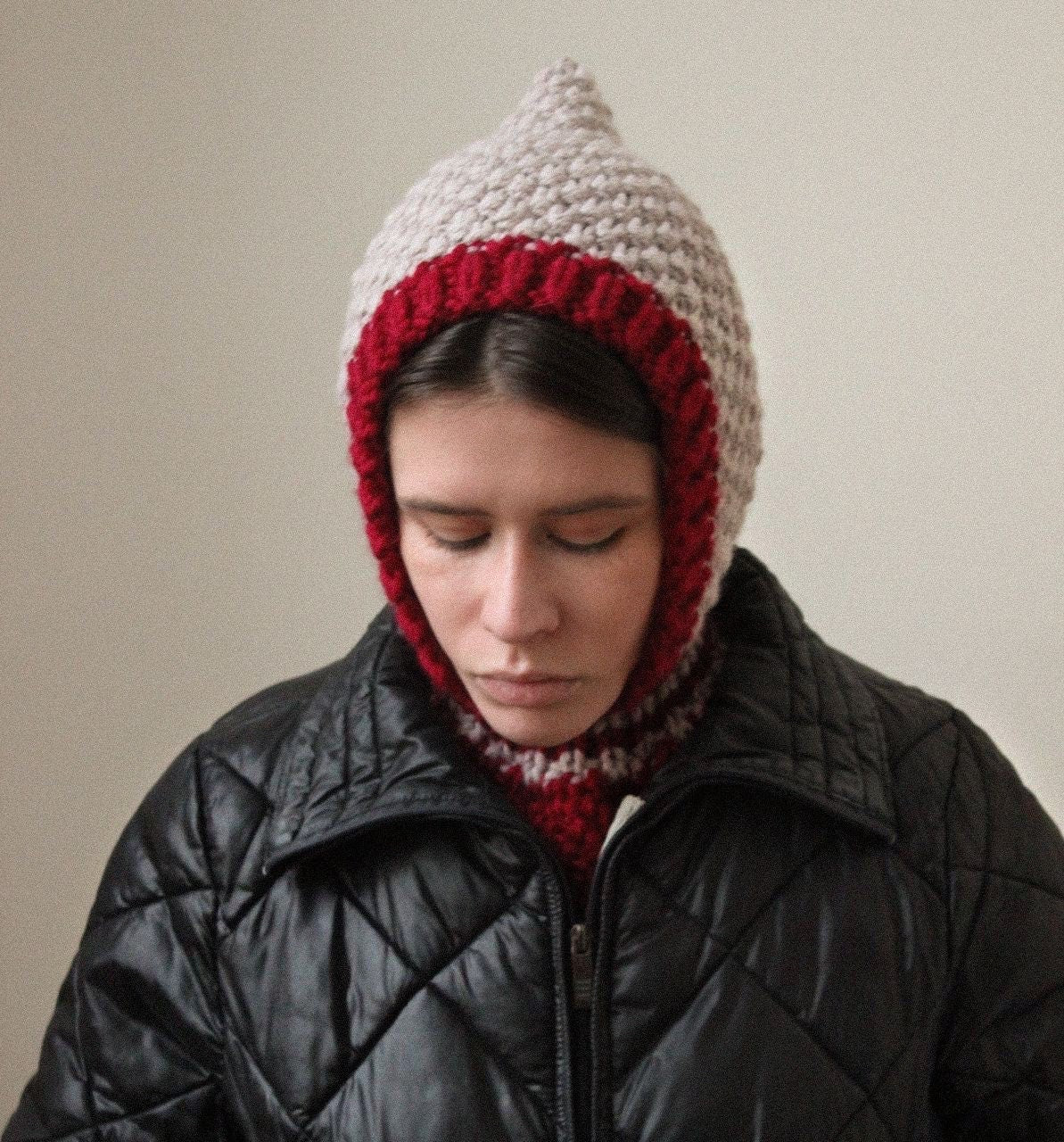 Balaclava Woolen Chunky hat in beige and maroon red; mango socky balaclava knit beanie,knit helmet,knit hat,crochet balaclava, knitted hood