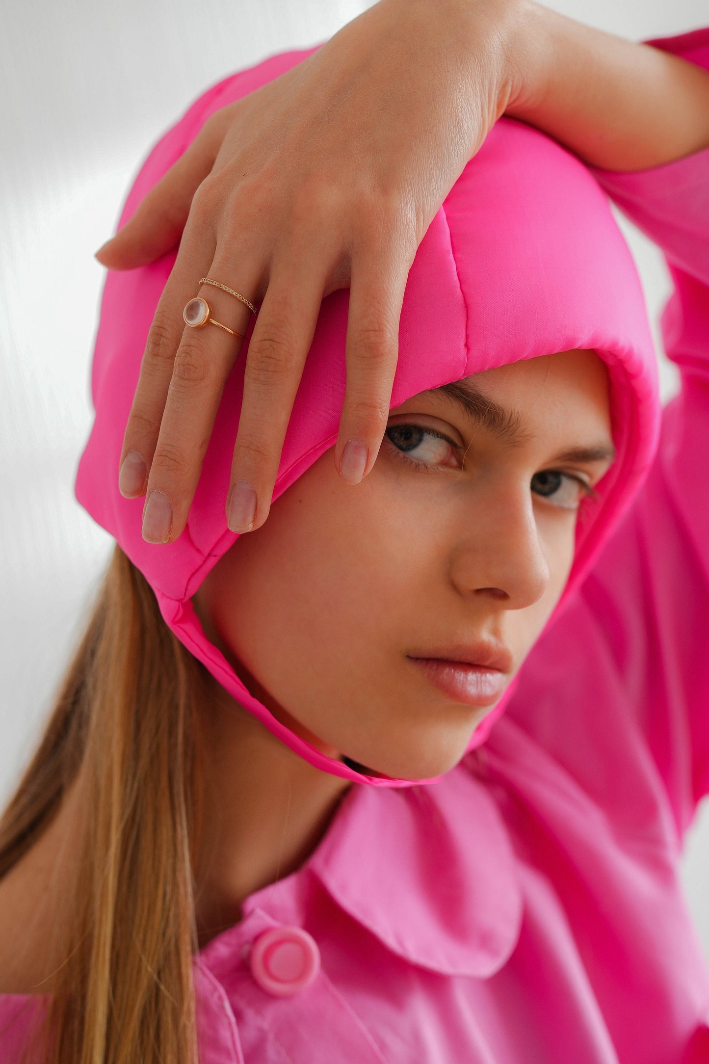 Pillow Puffer Quilted Aviator Helmet Cap Bonnet on a button in Hot Pink