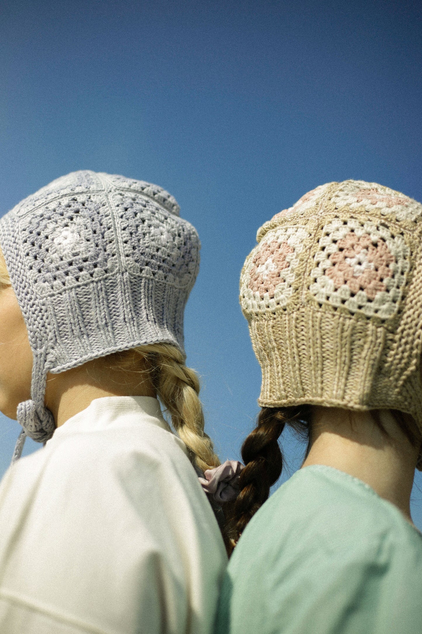 Patchwork Granny Square Adult Crochet Bow Tie Bonnet in Beige