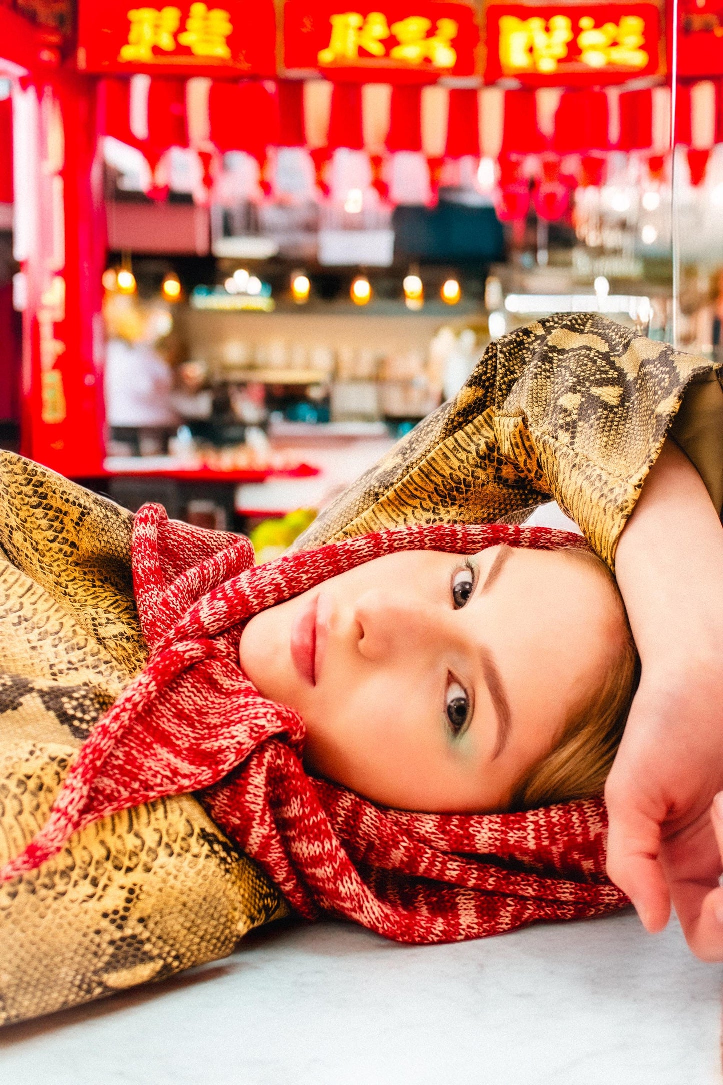 Hand - knitted Melange Headscarf in Red