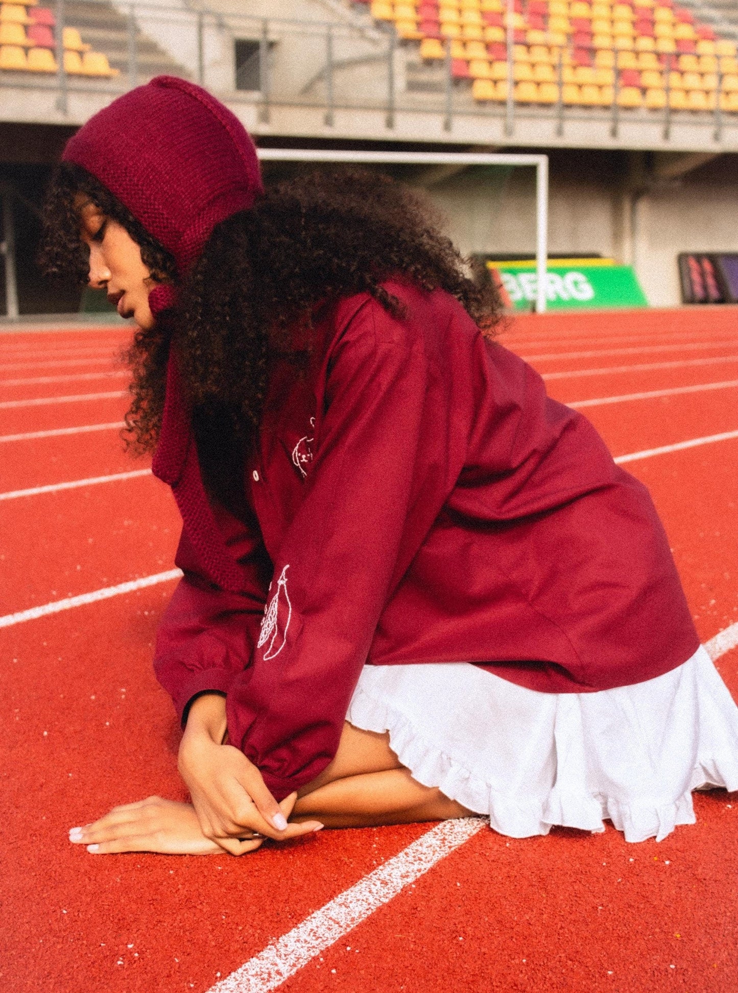 Hand - knitted Adult Bow Tie Mohair Bonnet in Burgundy