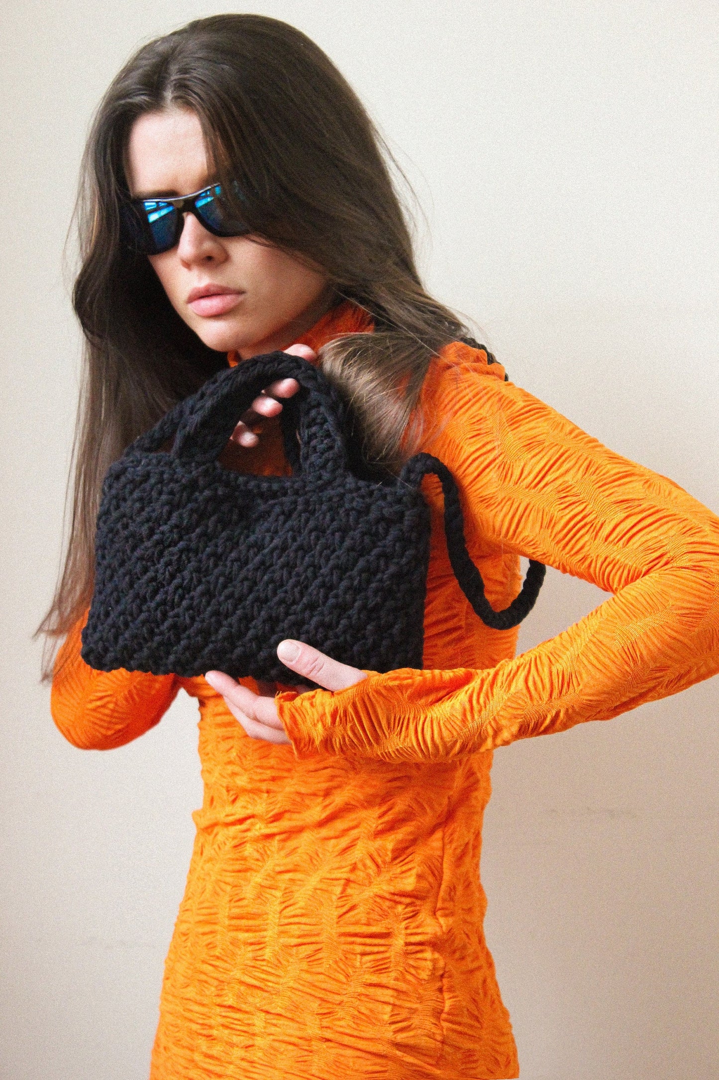 Сoarse knitted crossbody tote bag in black , tote bag