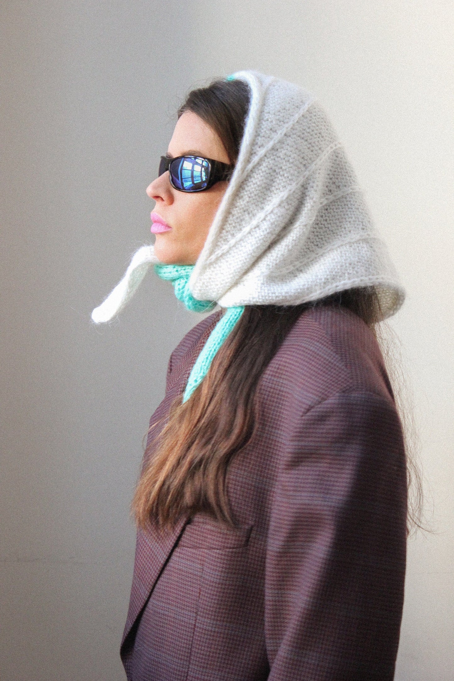 Hand - knitted Bicolour Mohair Headscarf in Azure & White