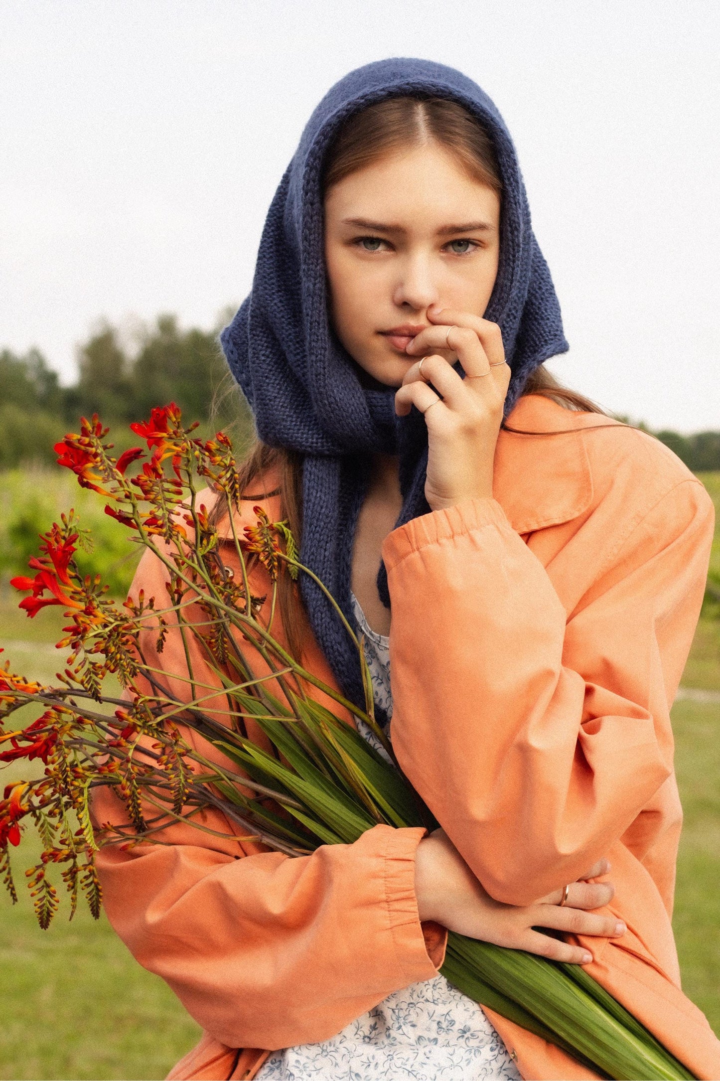 Hand - knitted Mohair Headscarf in Navy