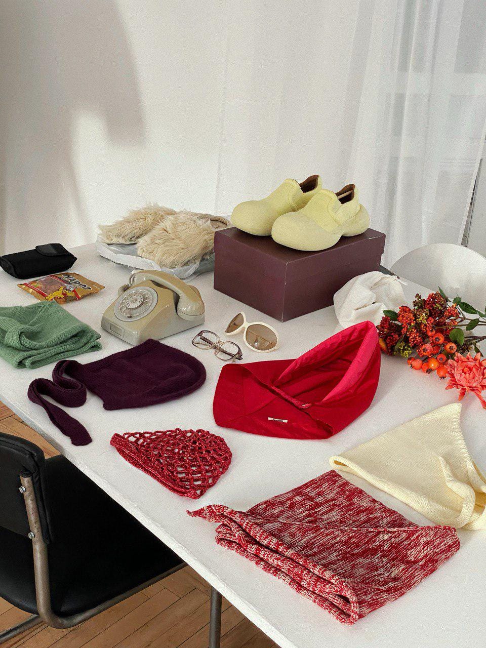 Hand - knitted Mohair Headscarf in Khaki Green