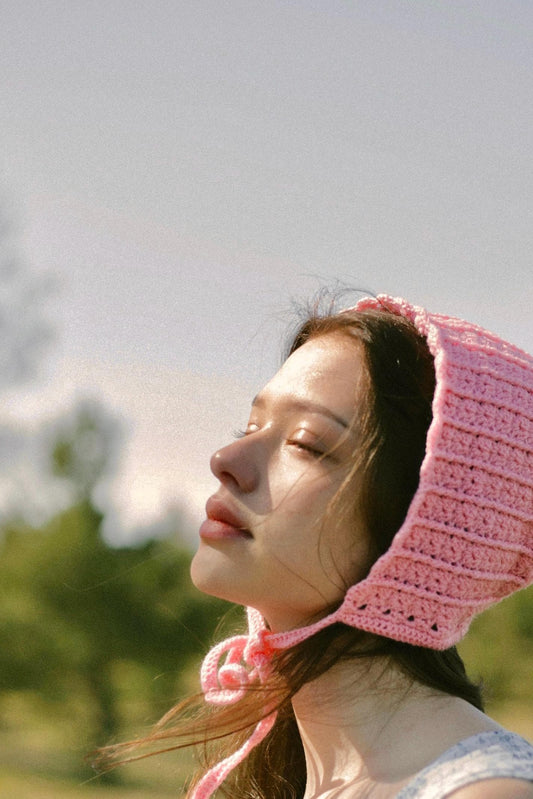 Adult Cotton Crochet Bow Tie Bonnet in Pink