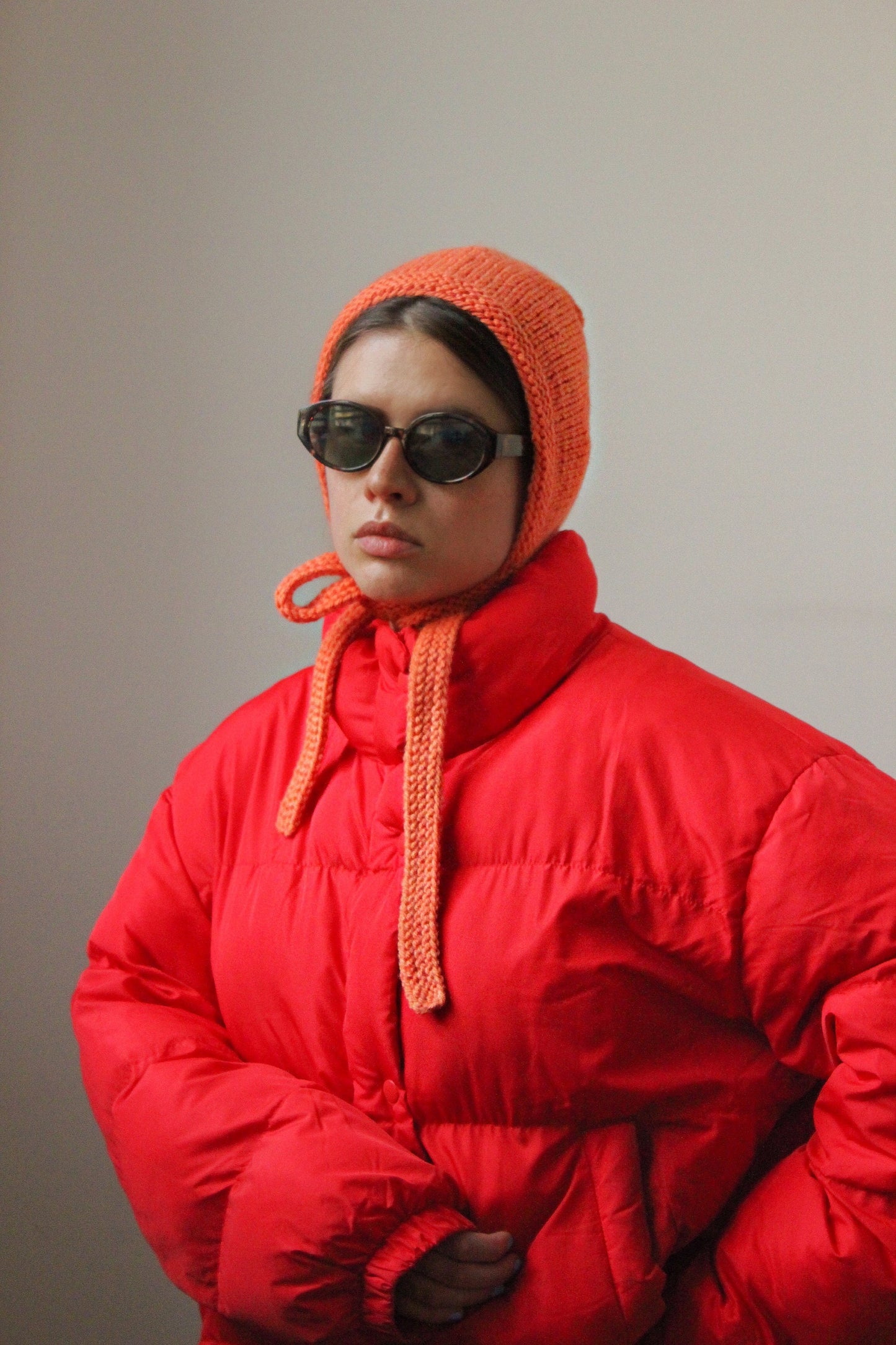 Hand-knitted Adult Bow Tie Bonnet Woolen hat in Orange