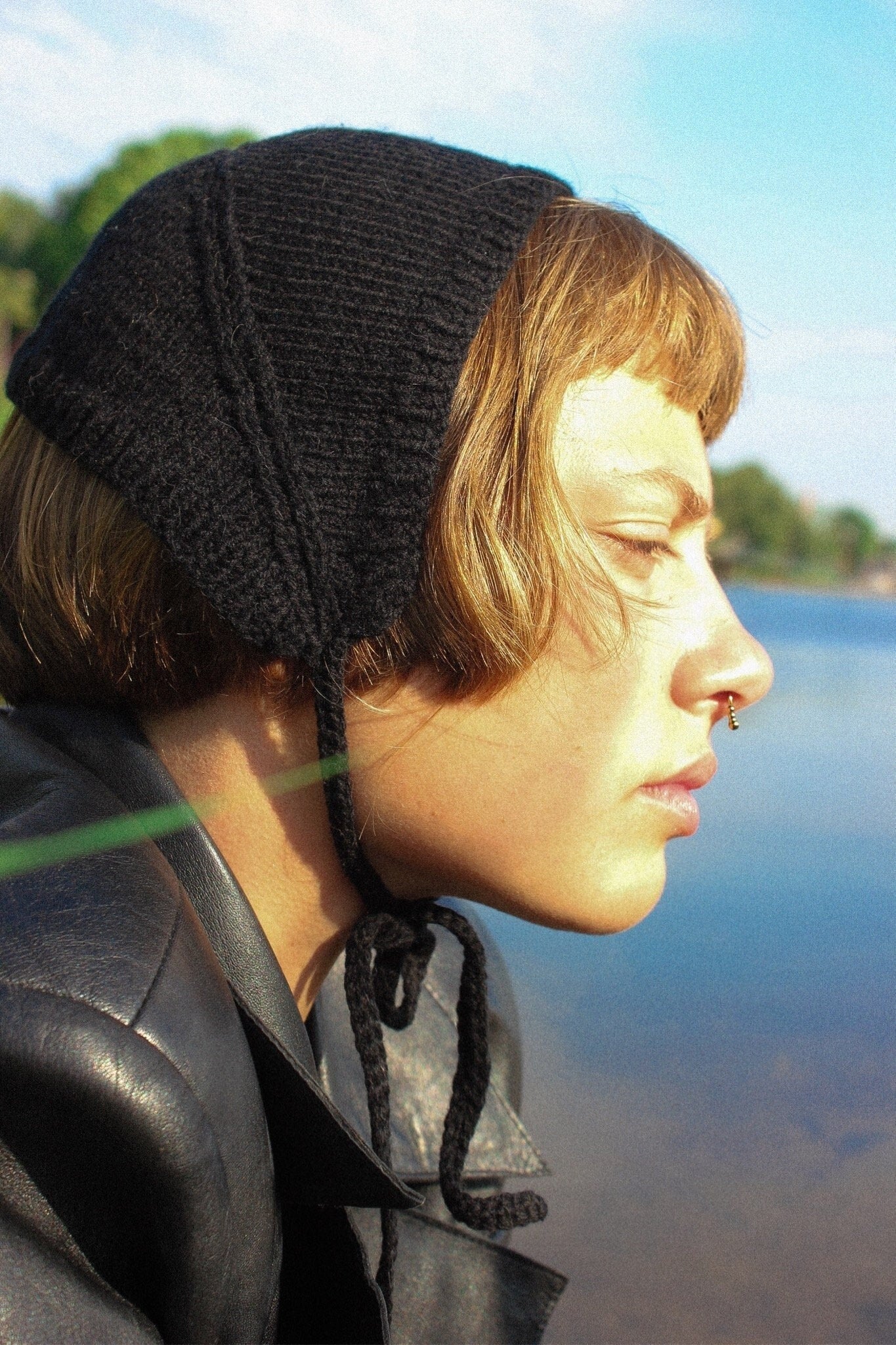 Handknitted Adult Bow Tie Bonnet in Black