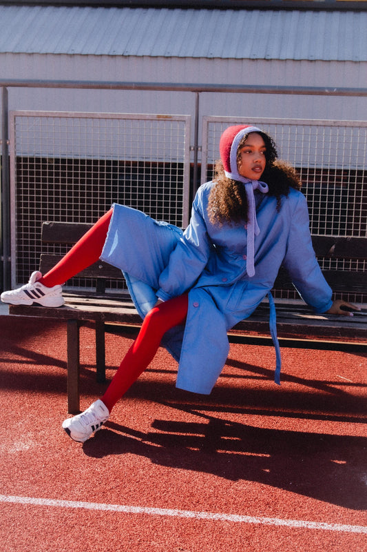 Hand-knitted Adult Bow Tie Chunky Bonnet hat in Burgundy and Light Blue