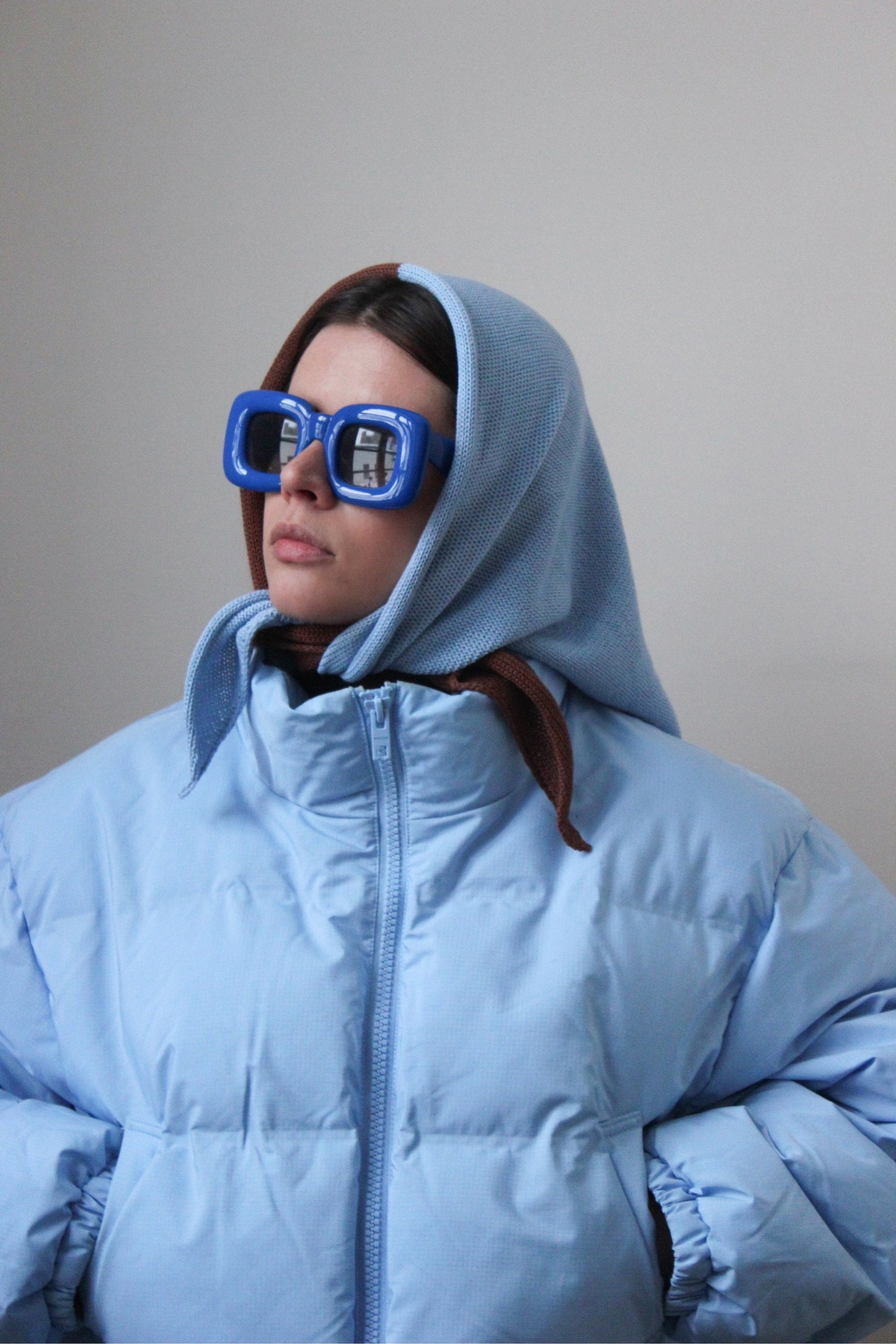 Hand - knitted Bicolour Headscarf in Baby blue & Brown