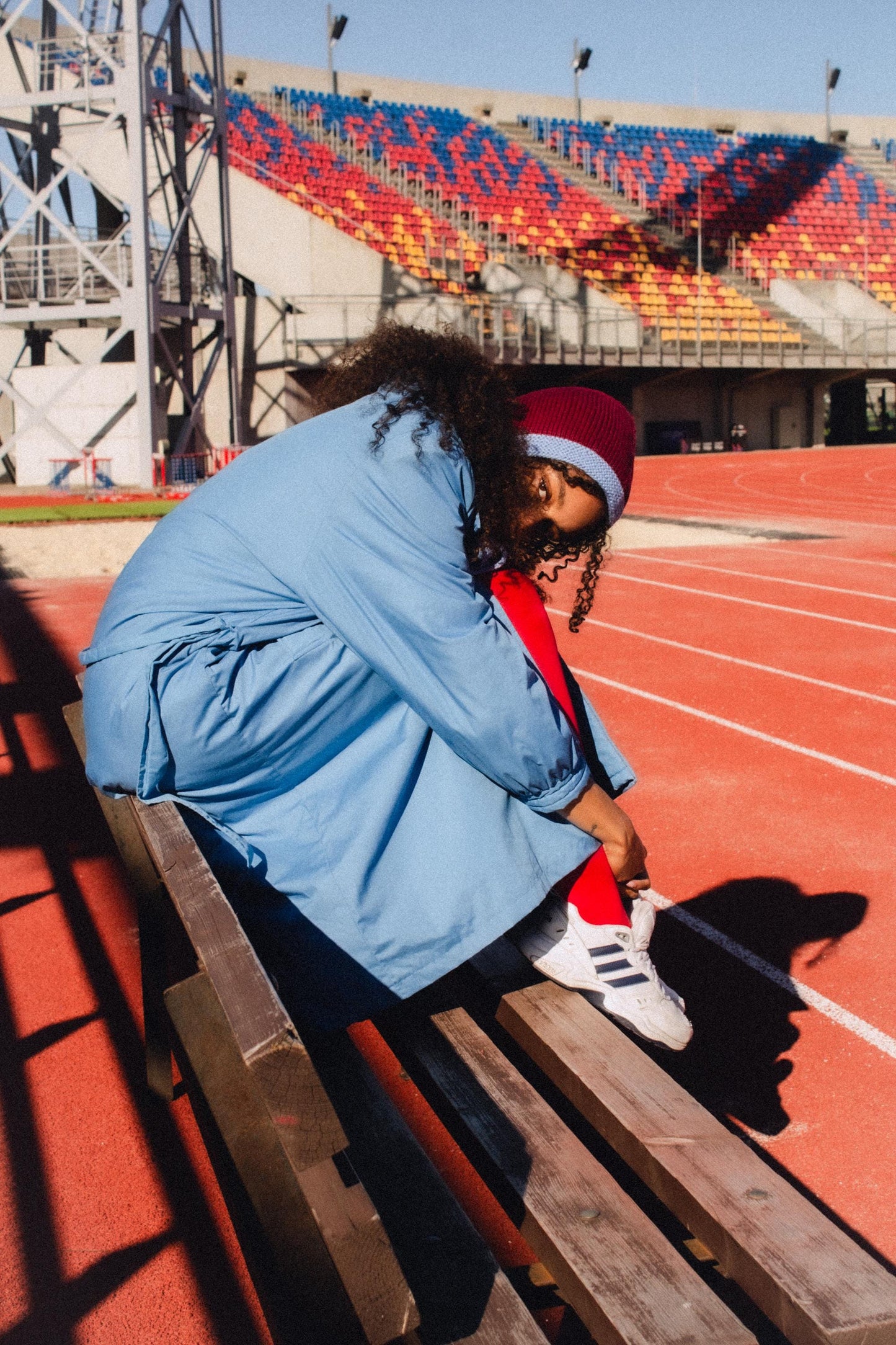 Hand-knitted Adult Bow Tie Chunky Bonnet hat in Burgundy and Light Blue