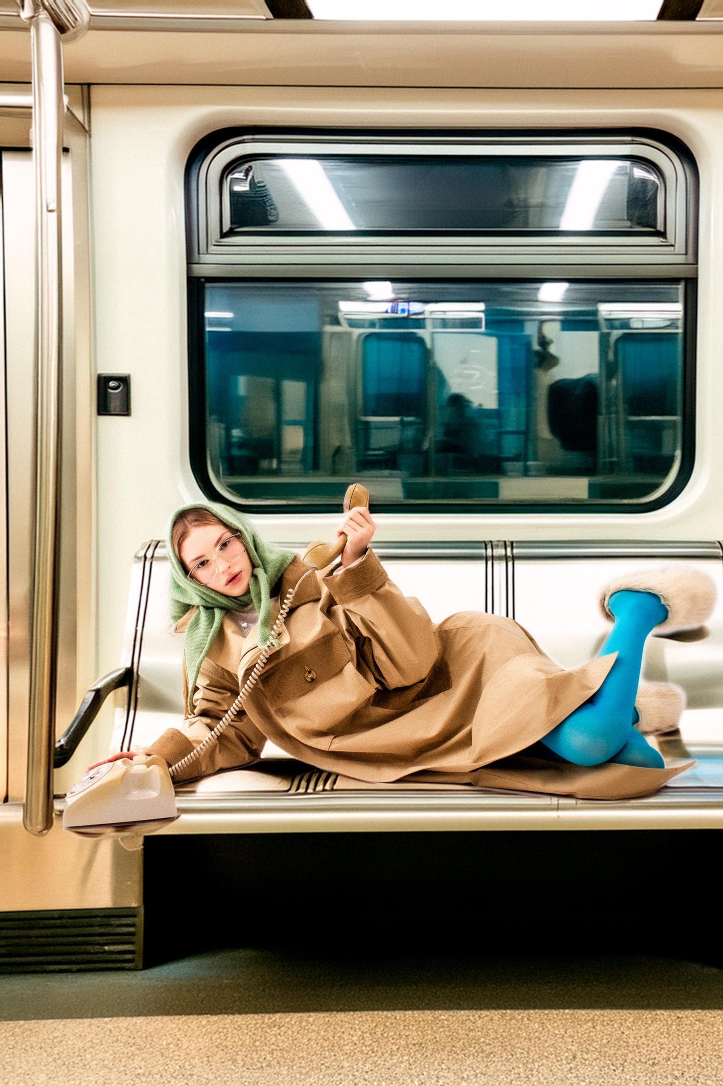 Hand - knitted Mohair Headscarf in Khaki Green