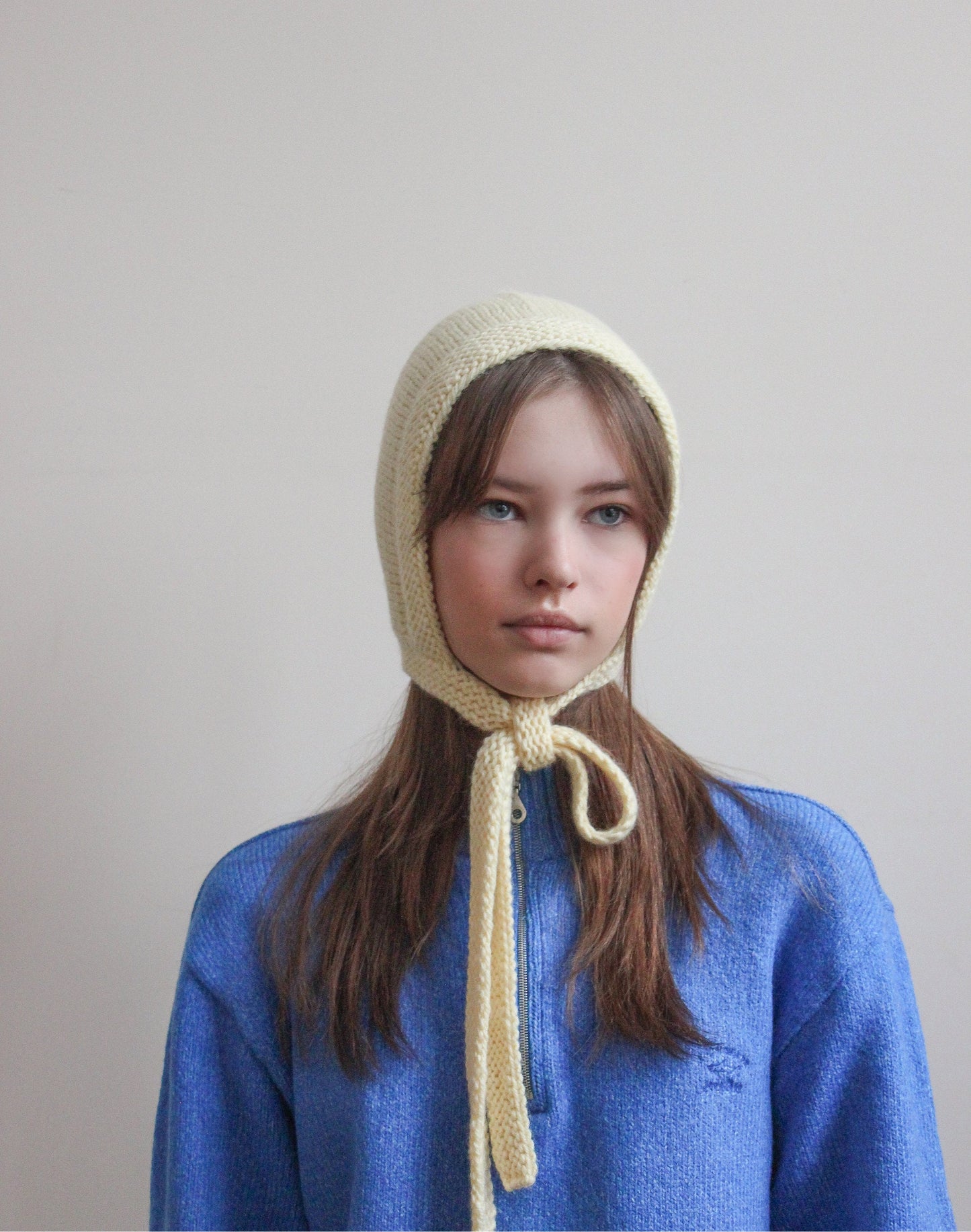 Hand-knitted Adult Bow Tie Bonnet hat in Butter Yellow