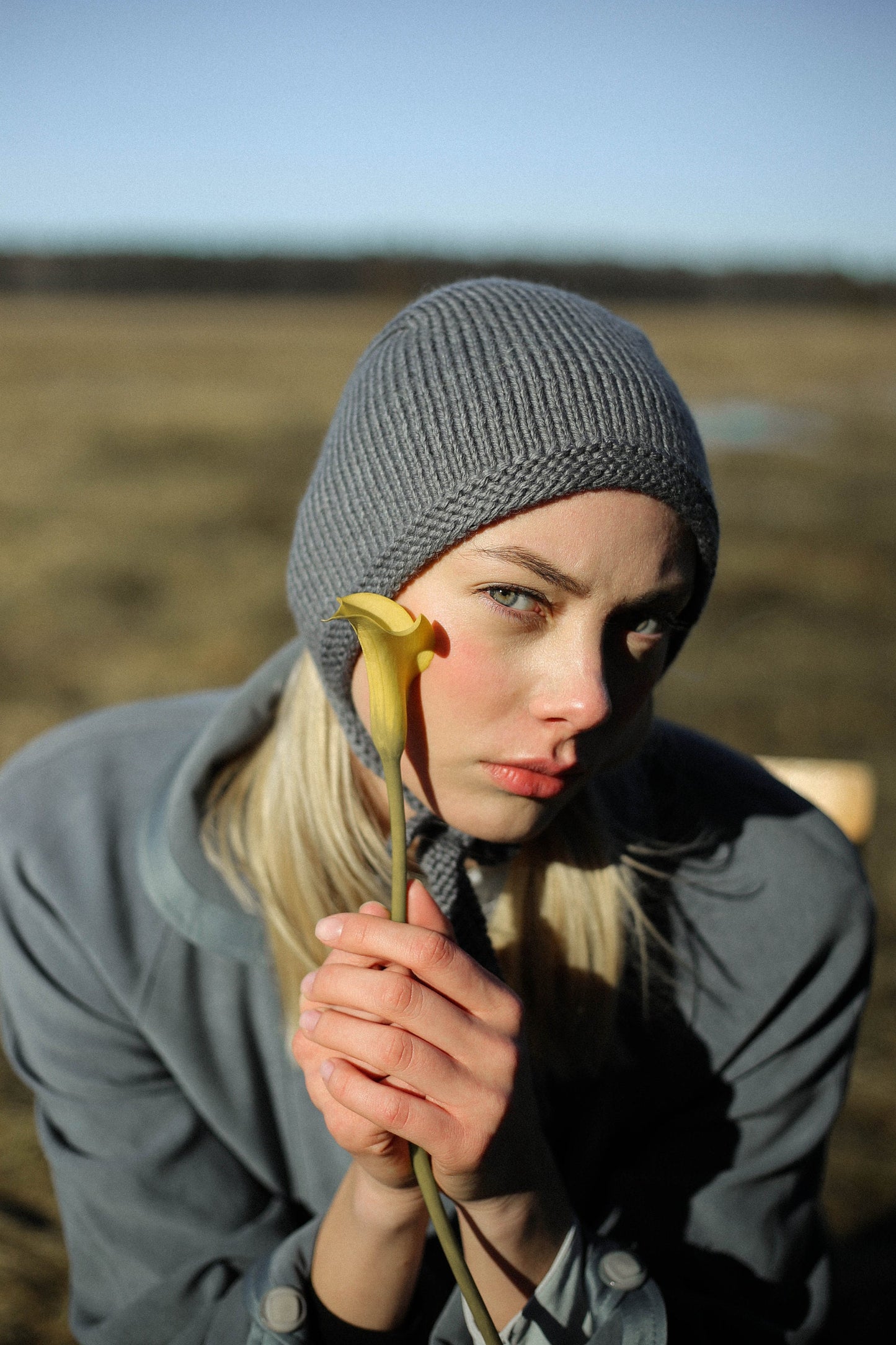 Hand-knitted Adult Bow Tie Bonnet hat in Gray