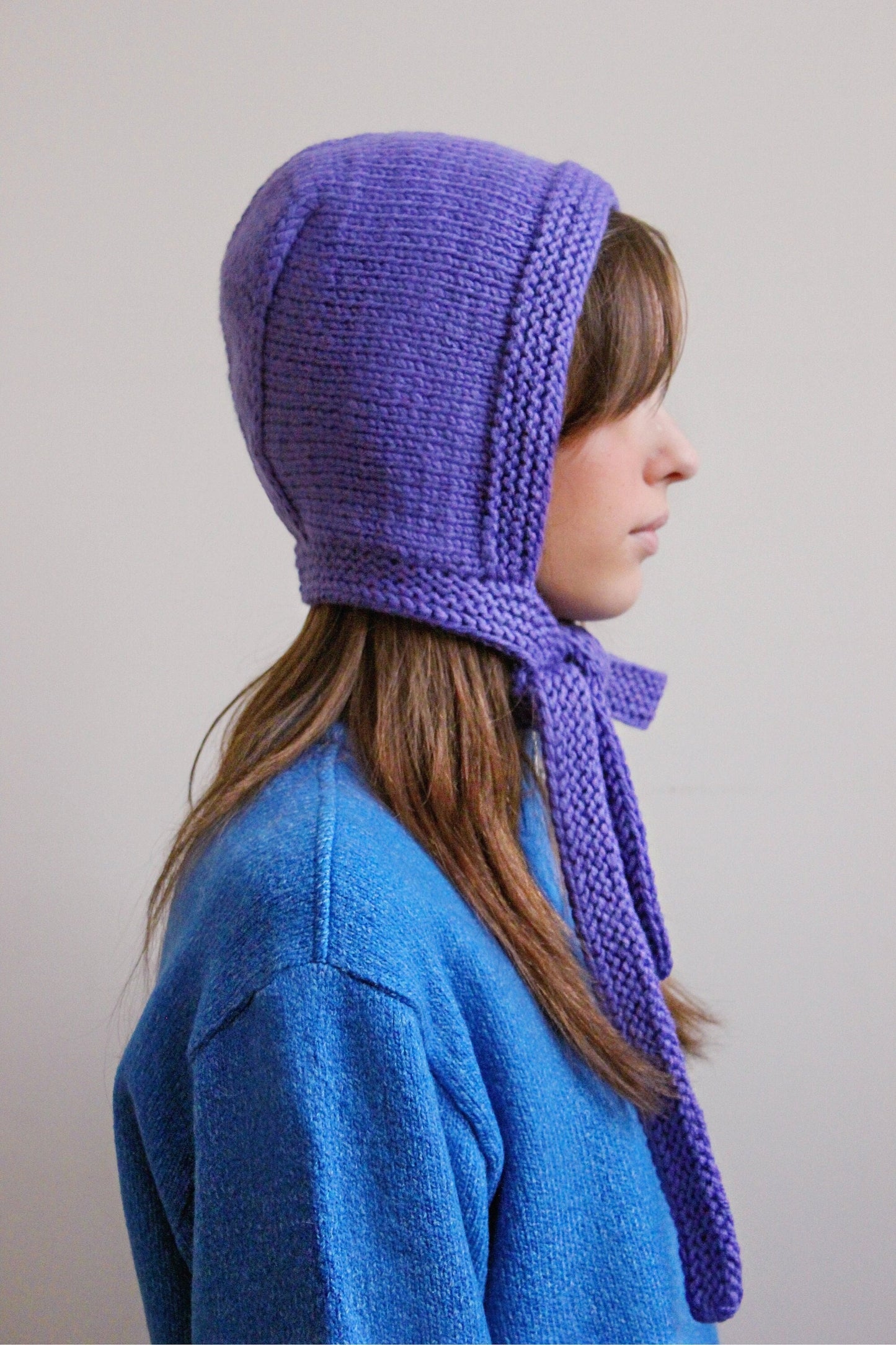 Hand-knitted Adult Bow Tie Bonnet hat in Purple