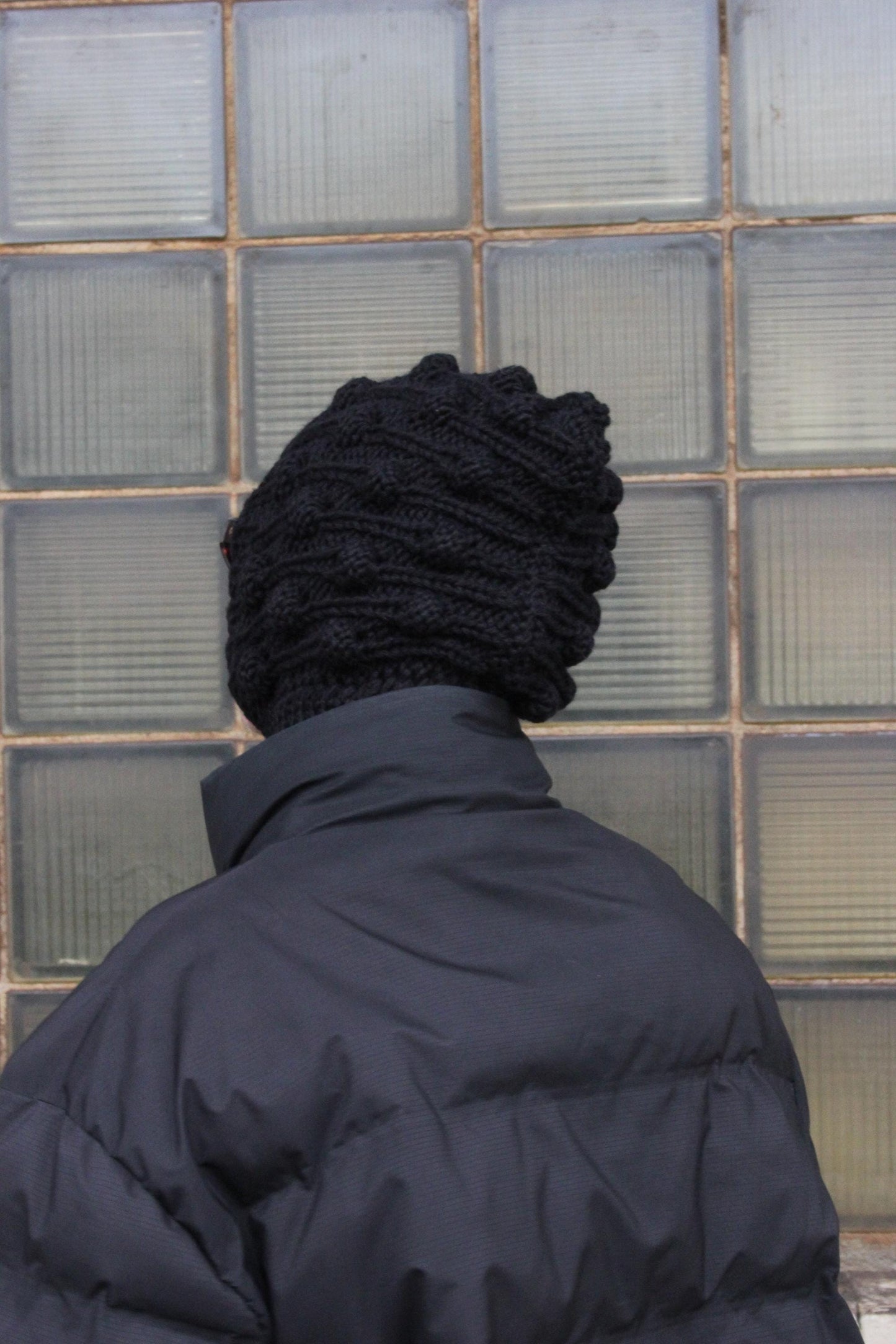 Black Brains Balaclava, with dimensional tuck knitting technique