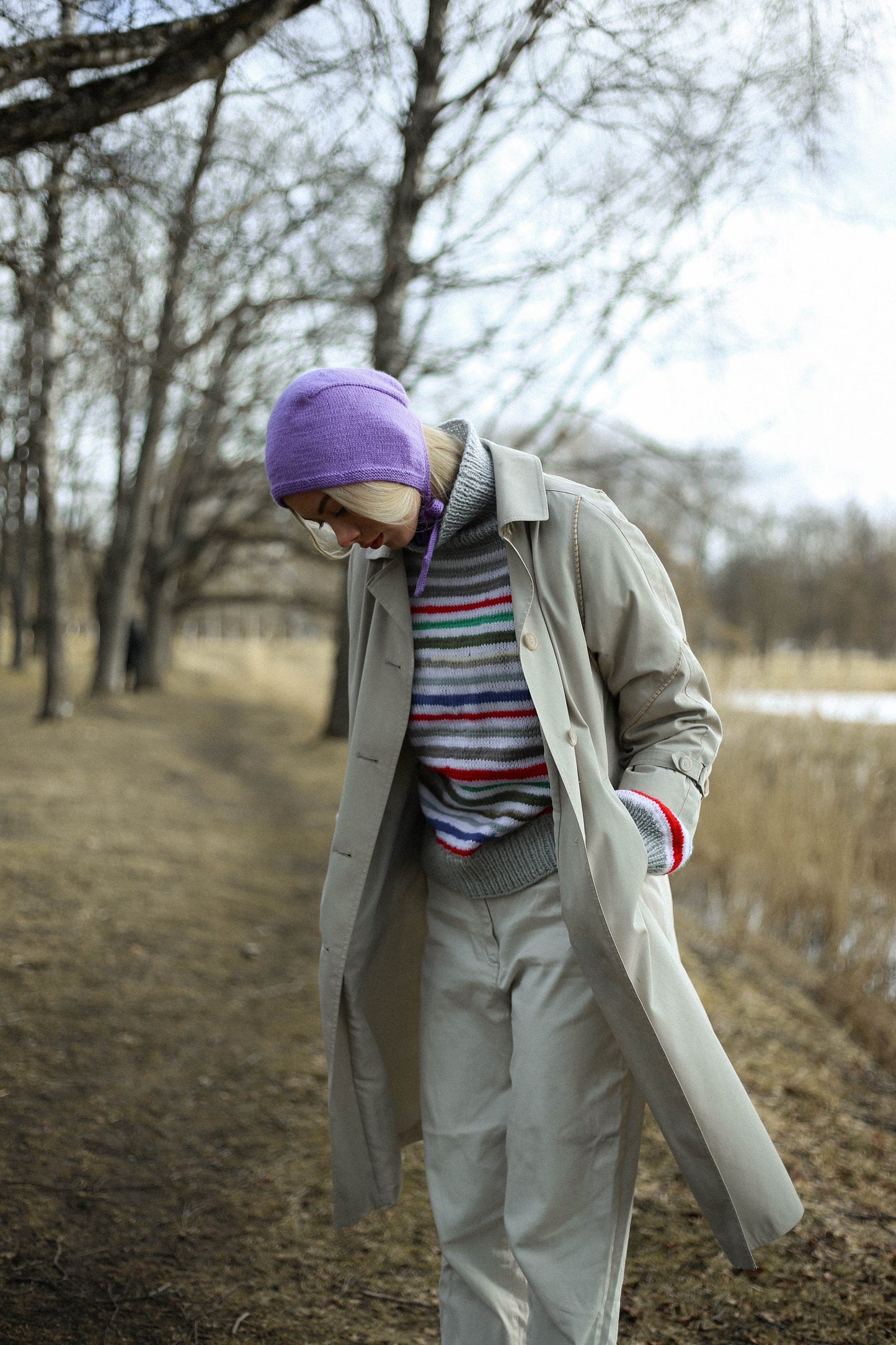 Hand-knitted Adult Bow Tie Bonnet hat in lilac