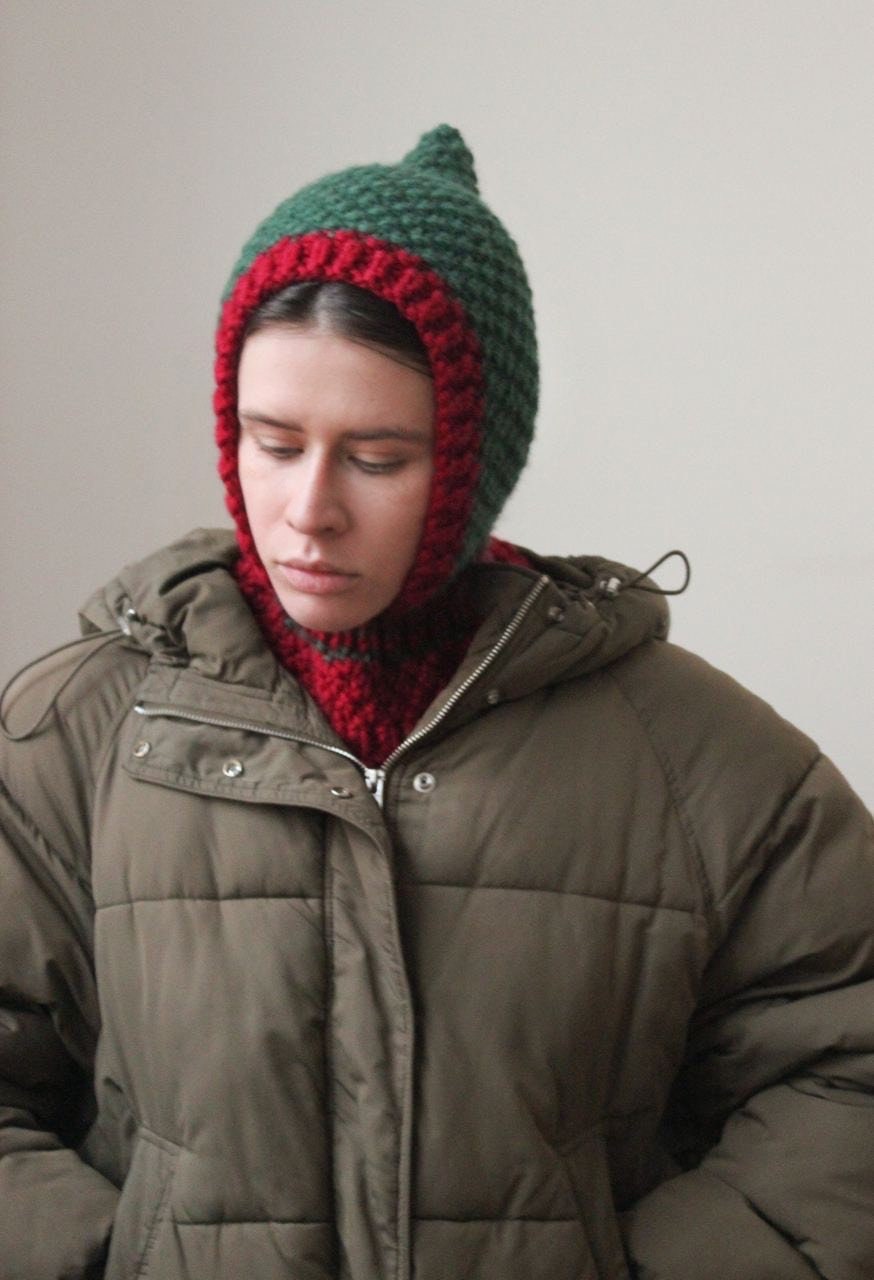 Balaclava Woolen Chunky hat in green and maroon red; mango socky balaclava knit beanie,knit helmet,knit hat,crochet balaclava, knitted hood