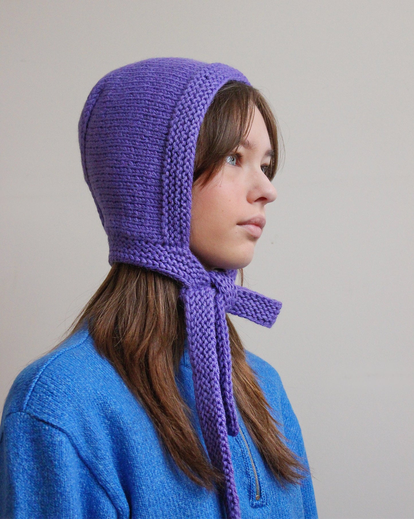 Hand-knitted Adult Bow Tie Bonnet hat in Purple