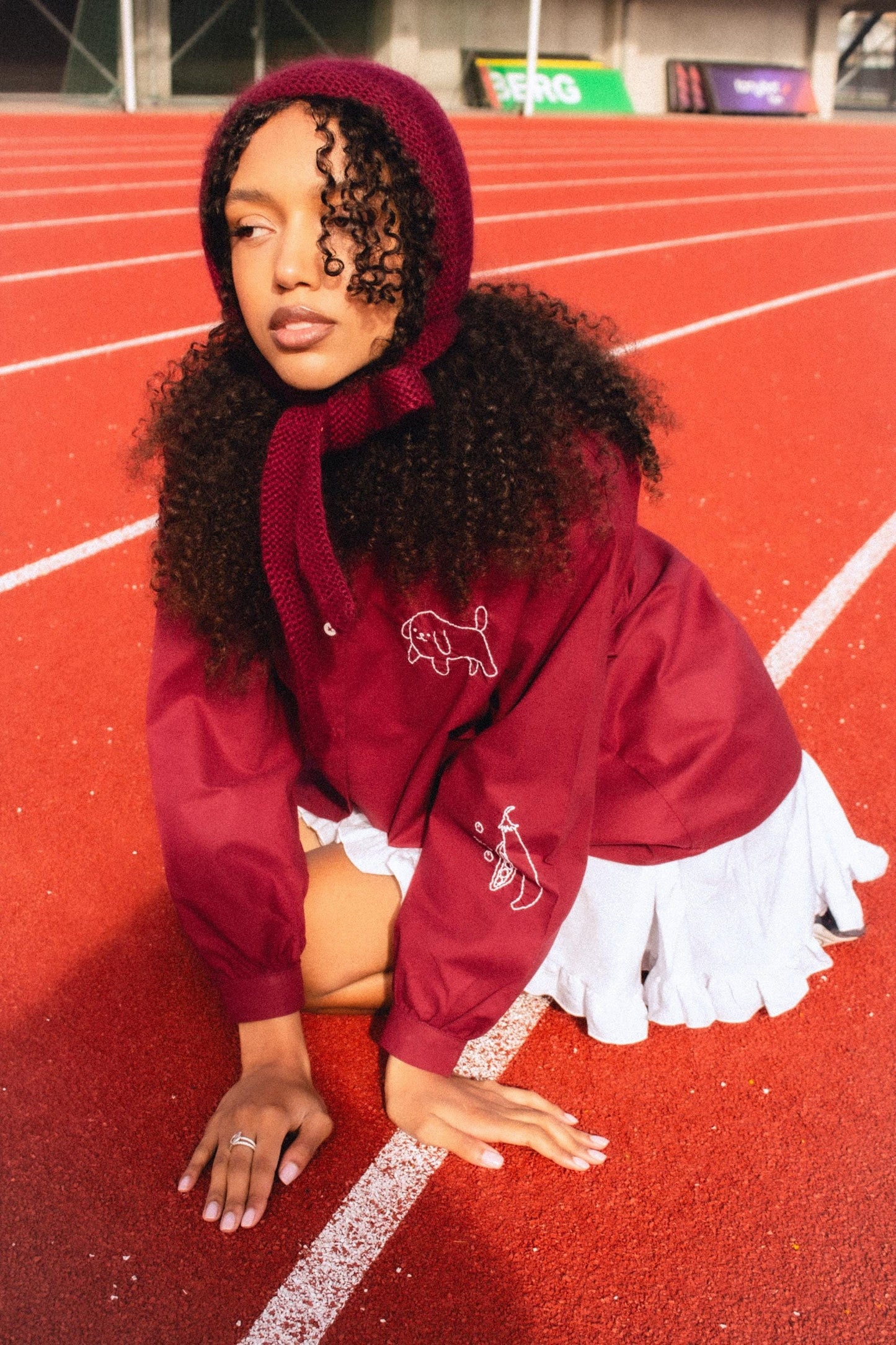 Hand - knitted Adult Bow Tie Mohair Bonnet in Burgundy