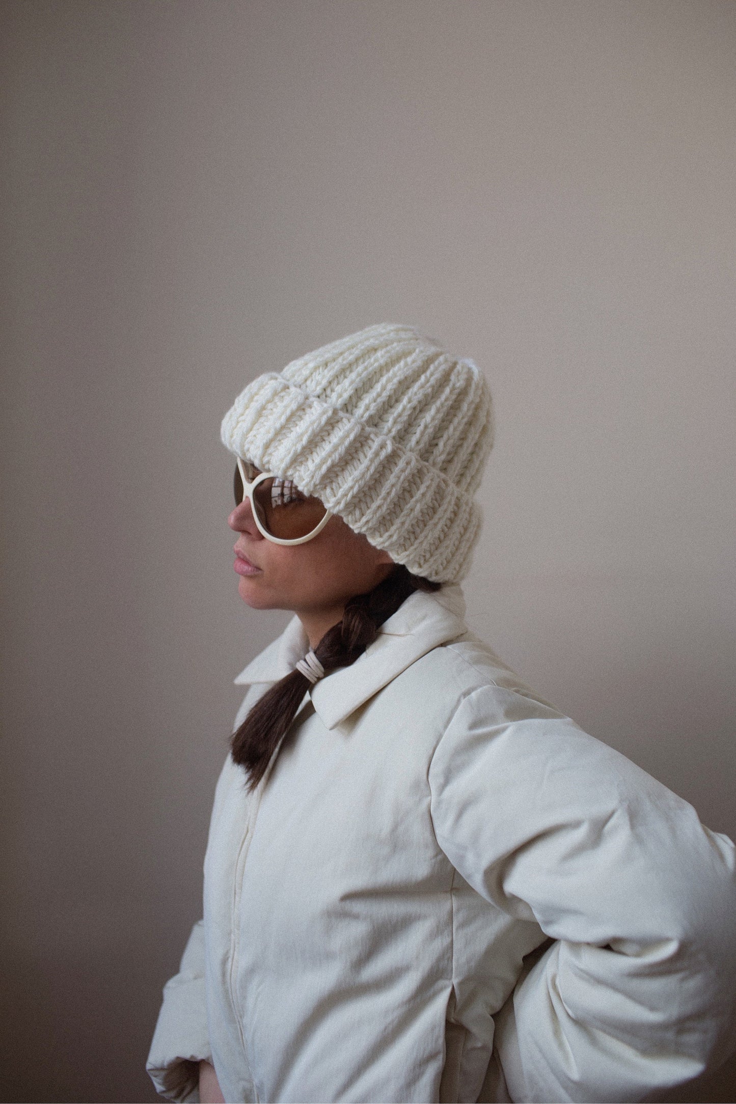 Woolen Chunky beanie hat in Off White, Ivory