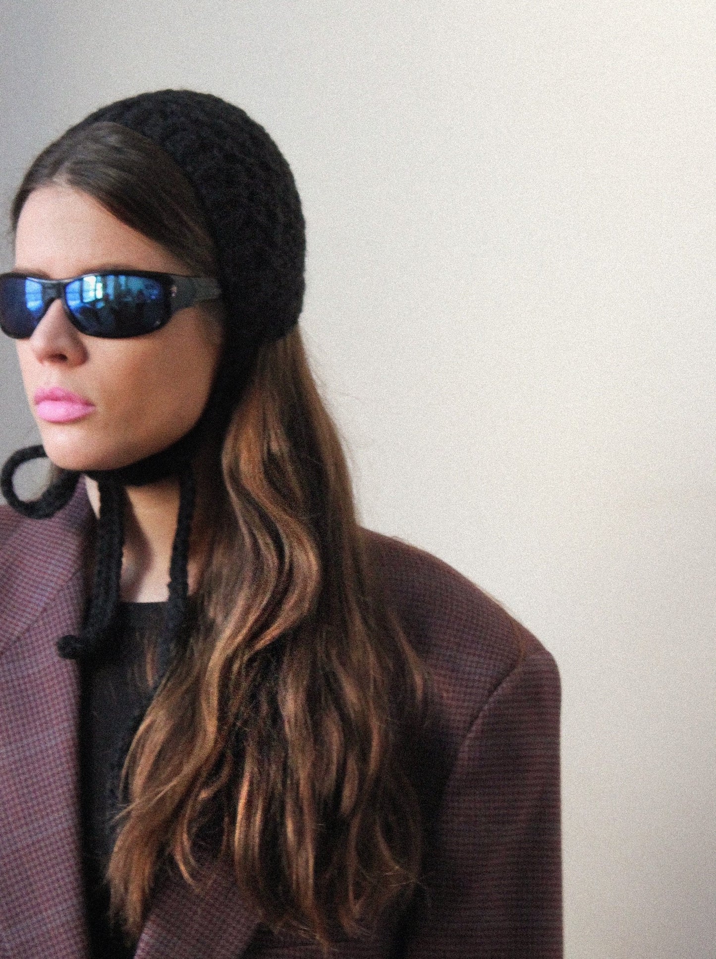 Hand - knitted Mesh Bonnet Headband in Black