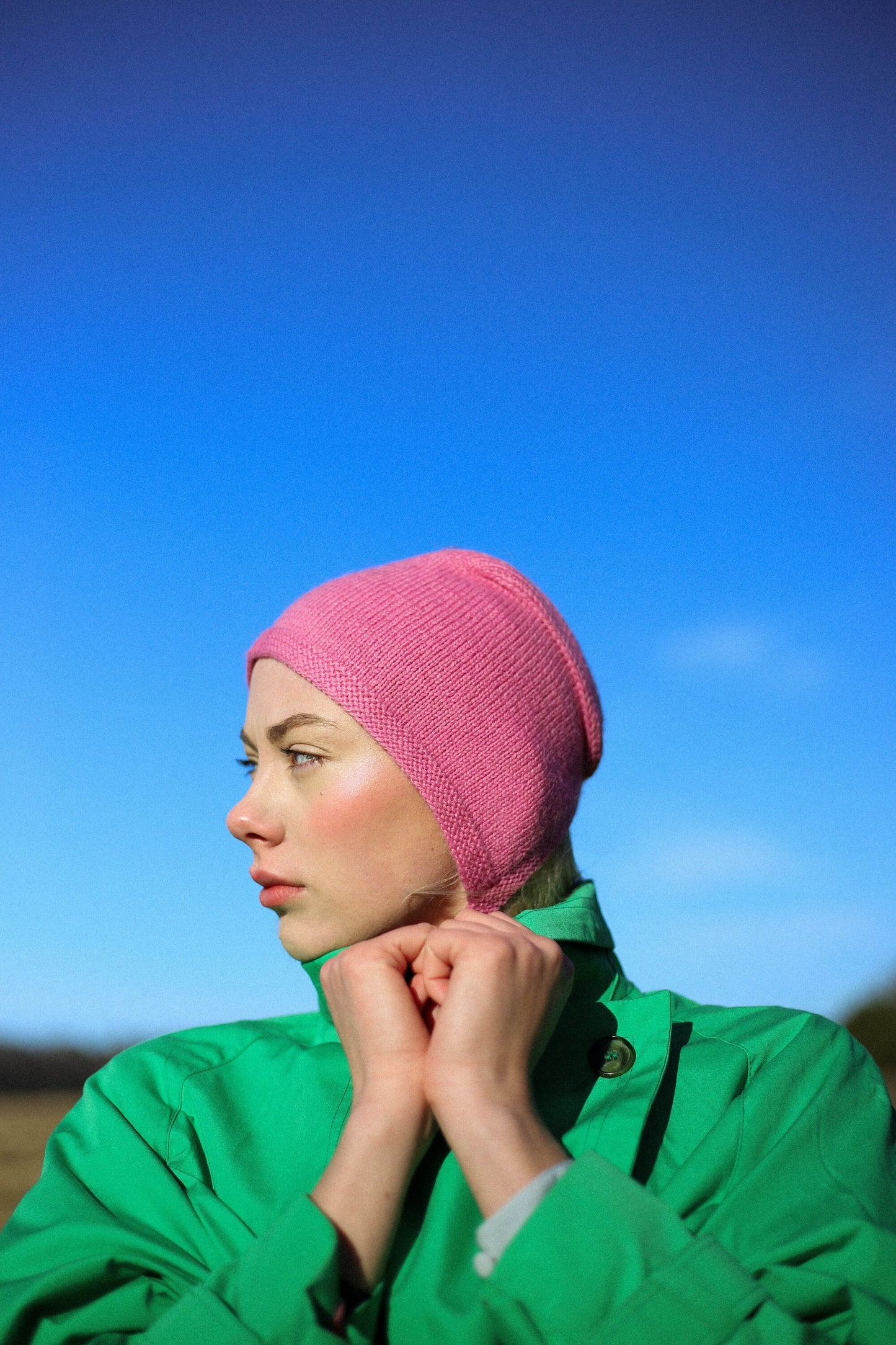 Hand-knitted Adult Bow Tie Bonnet hat in Pink