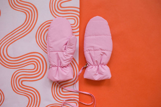 Puffer Mittens on Strings in Light Pink