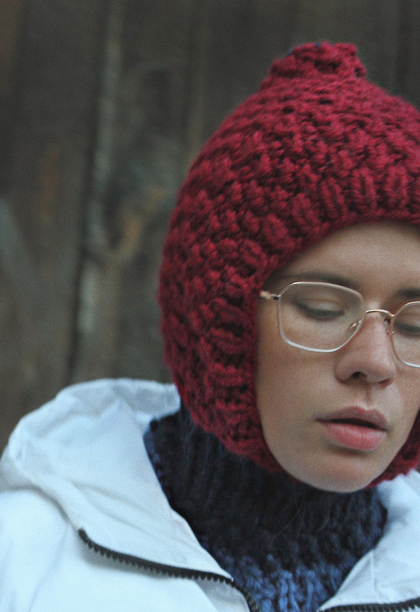 Chunky Woolen Balaclava in Burgundy & Navy